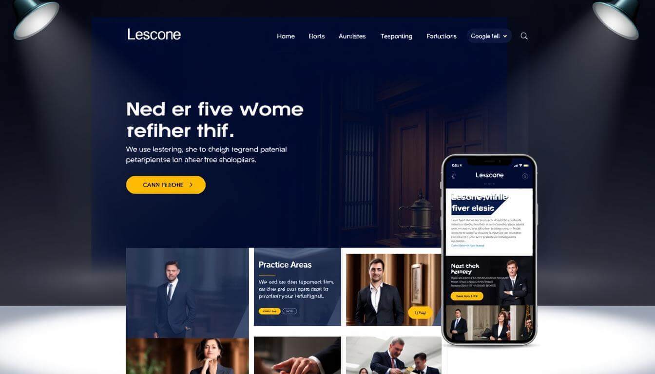 A sleek, modern legal website design with a clean, professional aesthetic. The homepage features a hero section with a compelling tagline and a prominent call-to-action button. The layout is organized into well-defined sections, showcasing the firm's expertise, client testimonials, and practice areas. High-quality stock photography of the legal team and courtroom scenes creates a sense of authority and trustworthiness. The color palette is a harmonious blend of navy blue and accents of gold, conveying a sense of sophistication. The website is responsive and optimized for mobile devices, ensuring a seamless user experience across all platforms. Soft, directional lighting illuminates the design elements, creating depth and dimensionality. The overall impression is one of a reputable, reliable law firm dedicated to providing exceptional legal services.