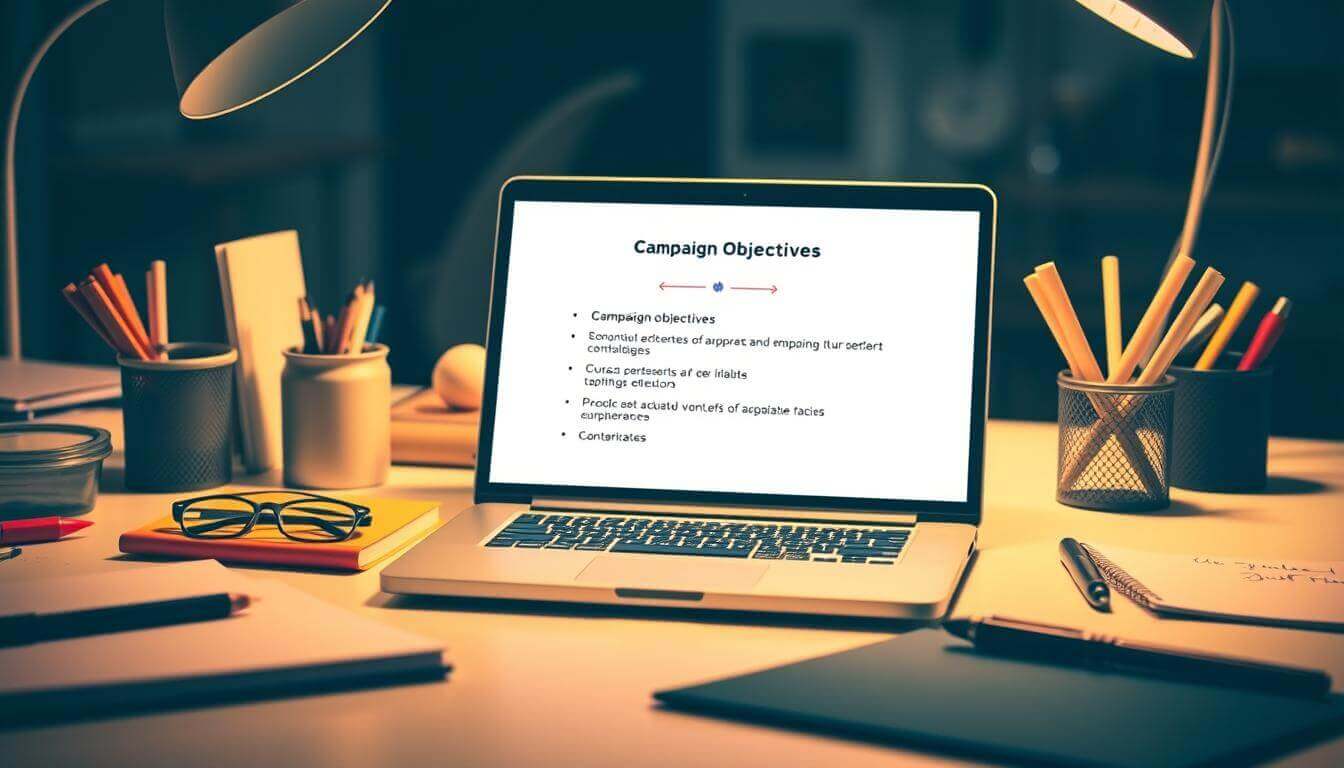 A neatly organized workspace with a desk, laptop, and office supplies. On the laptop screen, a presentation slide displays the campaign objectives in a clear, well-structured format. Soft, warm lighting illuminates the scene, creating a focused and professional atmosphere. The background is blurred, emphasizing the central elements. The composition is balanced, with the laptop at the center, surrounded by the necessary tools for campaign planning and execution. The overall mood is one of purposeful efficiency, reflecting the importance of carefully defining campaign objectives.