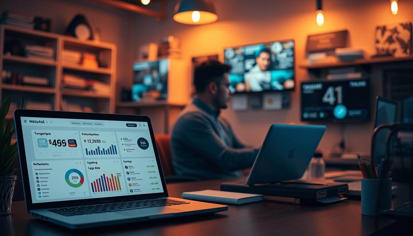 A digital marketing office, bathed in warm, ambient lighting. In the foreground, a laptop displays a well-organized Meta Ads dashboard, showcasing various campaign metrics and optimization tools. In the middle ground, a strategist reviews performance data, making calculated adjustments to targeting and budgets. In the background, shelves filled with marketing materials and a wall-mounted display showing a campaign's visual assets. The atmosphere is one of focused professionalism, with a subtle sense of anticipation as the team works to unlock the full potential of their Meta Ads strategy.
