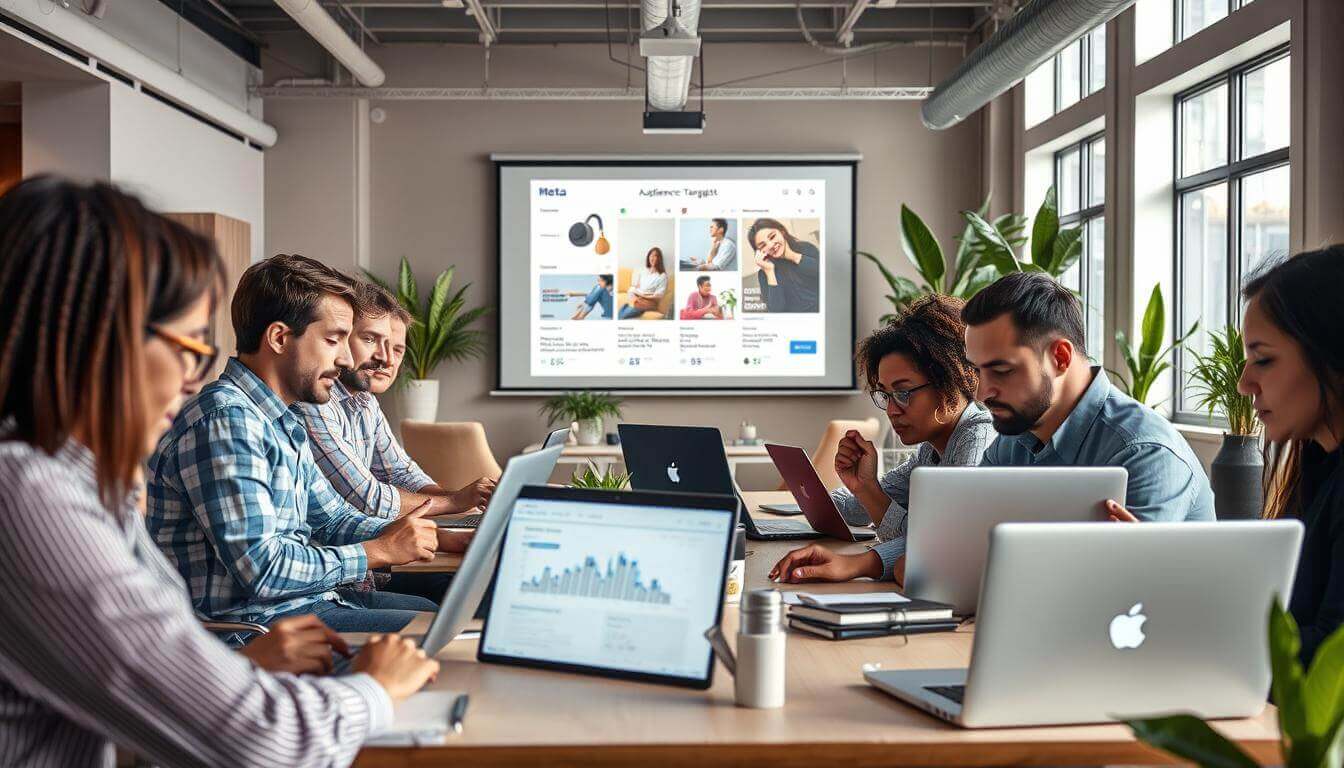 A bustling e-commerce scene set in a modern office environment. In the foreground, a diverse group of individuals intently studying metrics and analytics on their laptop screens, immersed in the data-driven world of audience targeting. In the middle ground, a large projection screen displays targeted social media ads, their content and imagery tailored to specific consumer segments. The background is filled with sleek, minimalist furniture, office plants, and natural light filtering in through large windows, creating a professional, yet vibrant atmosphere. The overall mood is one of focused, strategic decision-making, as the team works to optimize their Meta ad campaigns for maximum e-commerce impact.