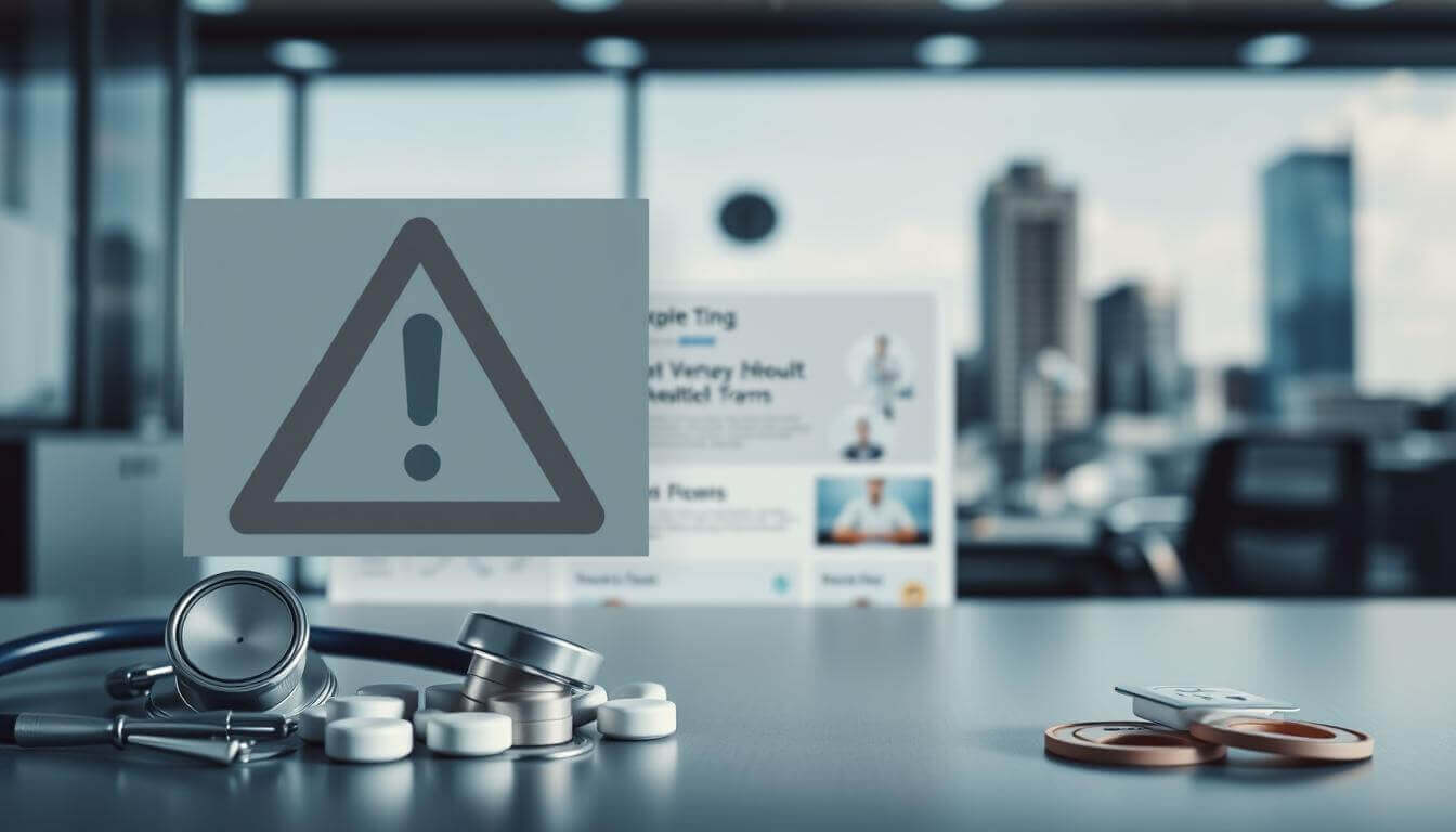 A professional, yet visually striking digital advertisement depicting key Google Ads restrictions for healthcare providers. In the foreground, a group of medical symbols - stethoscope, pills, bandages - are partially obscured by overlapping semi-transparent warning signs and notification icons. The middle ground features a sleek, minimalist healthcare-themed layout with muted tones of white, blue, and gray. In the background, a blurred cityscape suggests a modern, technology-driven setting. The overall composition conveys a sense of compliance, regulation, and the need to navigate complex advertising guidelines in the healthcare industry. Crisp lighting, a shallow depth of field, and a clean, modern aesthetic deliver a high-quality, attention-grabbing image.