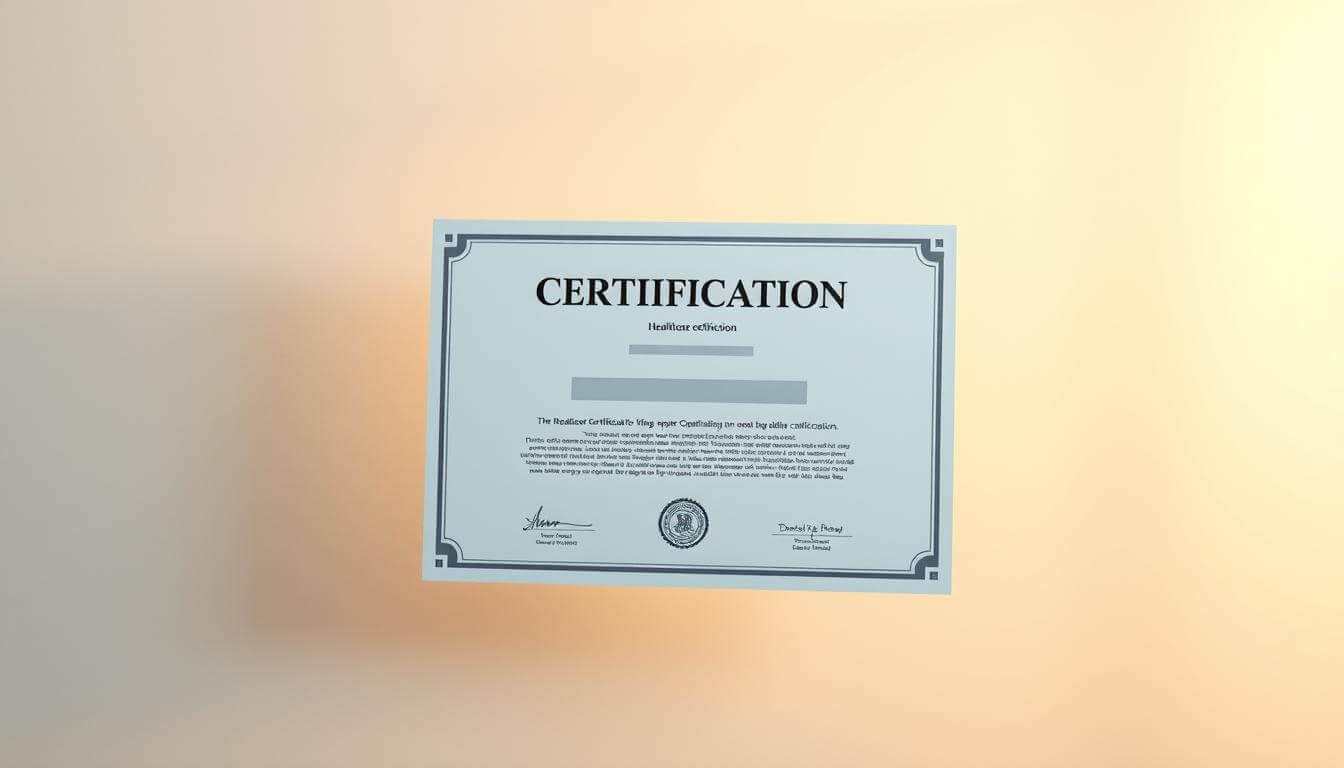 A professional healthcare certification document floating in a soft, warm light, with a clean, minimalist design. The certificate is prominently displayed, with a subtle gradient background suggesting a sense of authority and trustworthiness. The composition emphasizes the certification aspect, framing it as a central focus. Careful attention is paid to the texture and quality of the paper, creating a tactile, high-end feel. The overall aesthetic conveys a message of credibility, expertise, and compliance within the healthcare advertising industry.