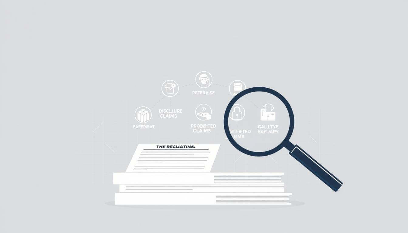 A high-contrast, sharp digital illustration depicting the policies and regulations governing healthcare advertising. In the foreground, a magnifying glass examines a stack of regulatory documents against a minimalist, geometric background. The middle ground features icons and infographic elements symbolizing the key guidelines, such as disclosure requirements, prohibited claims, and privacy safeguards. The background has a subtle grid pattern conveying the structured, technical nature of the subject matter. The overall aesthetic is clean, professional, and evocative of the legal and compliance aspects of healthcare marketing.