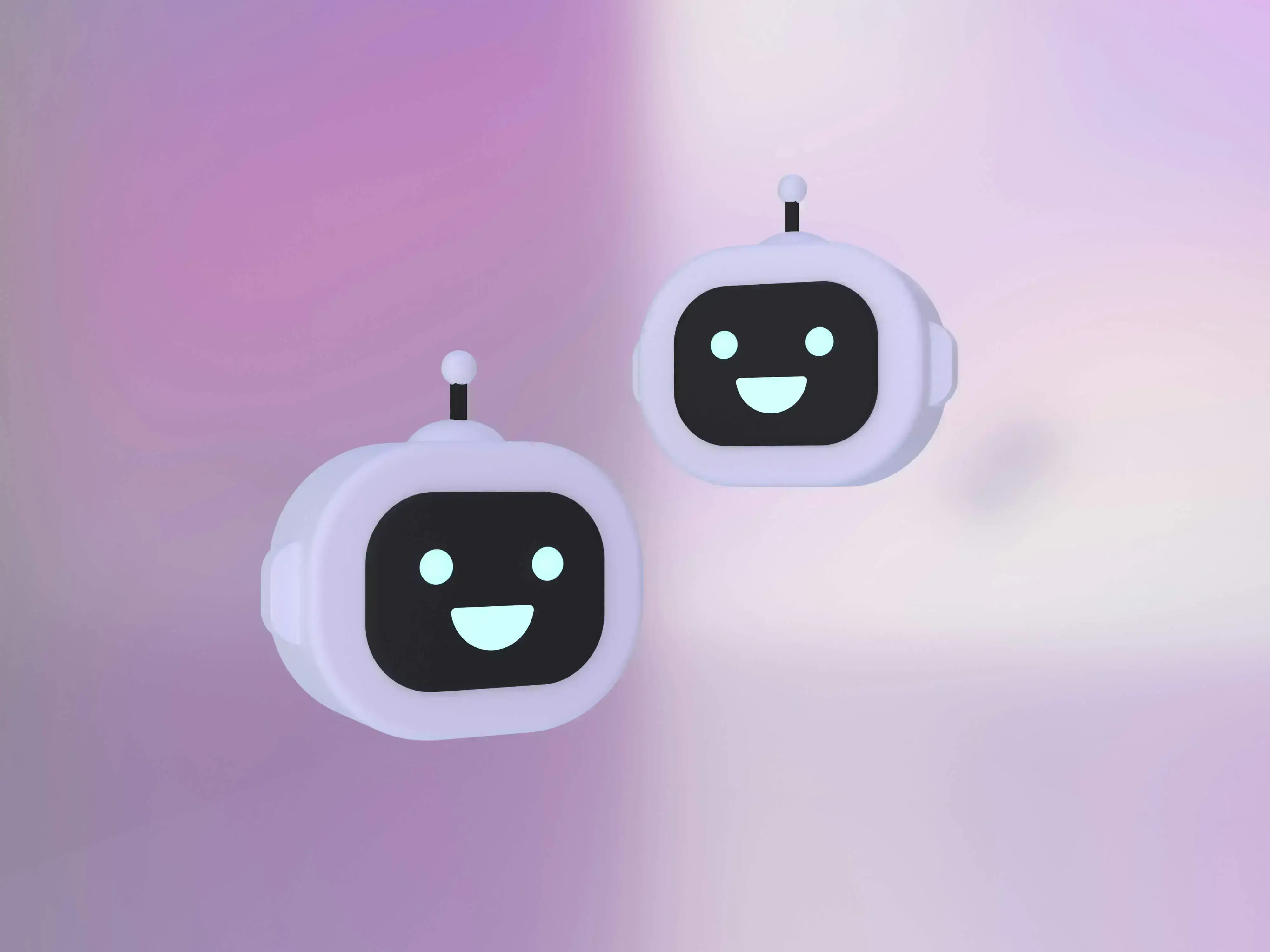 Two cute, white robot faces with screens for faces, displaying happy expressions, float against a soft, pastel purple background.