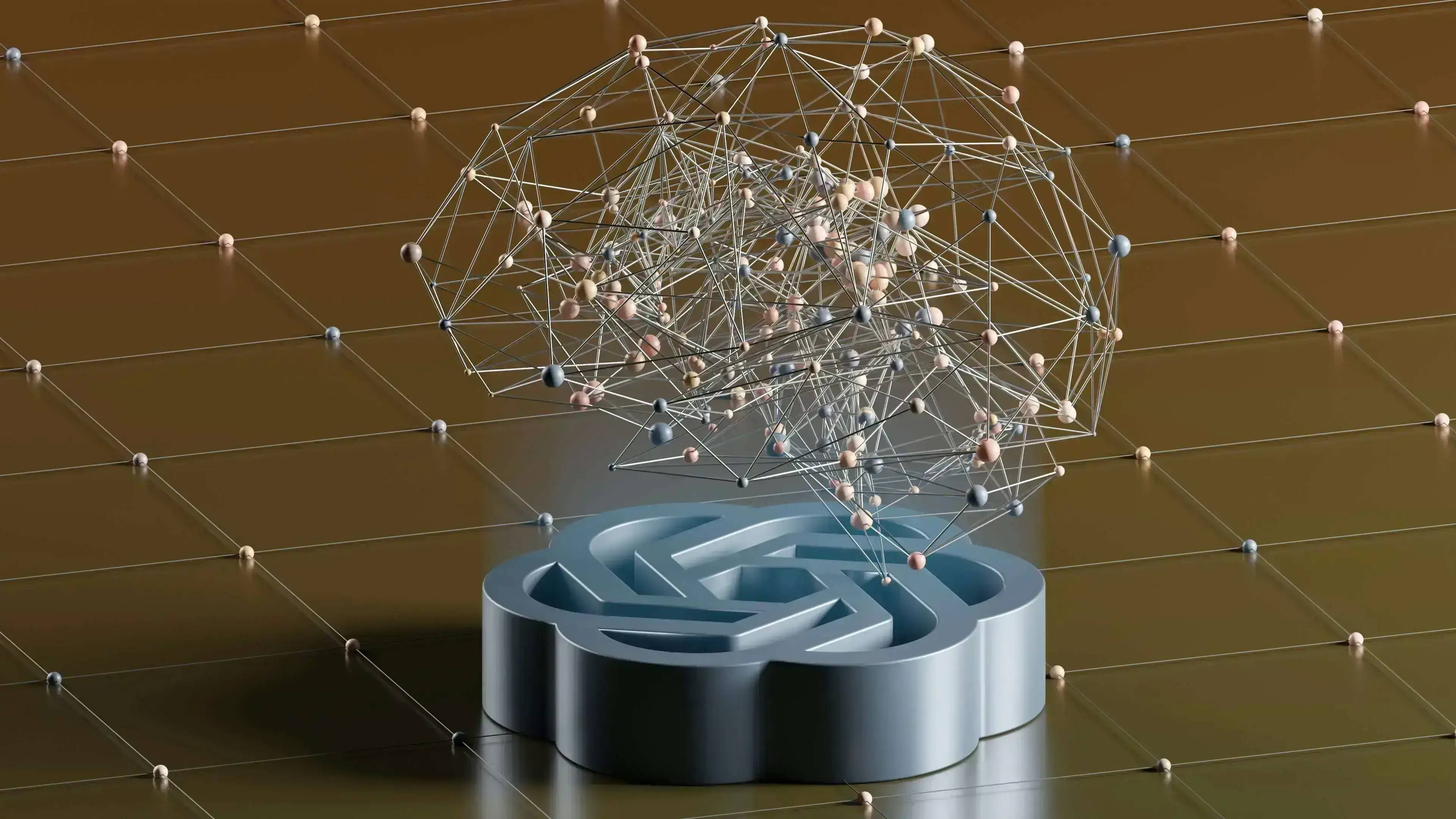 A complex network of interconnected nodes and lines forms the shape of a brain, symbolizing AI, hovering over a metallic structure resembling the OpenAI logo.
