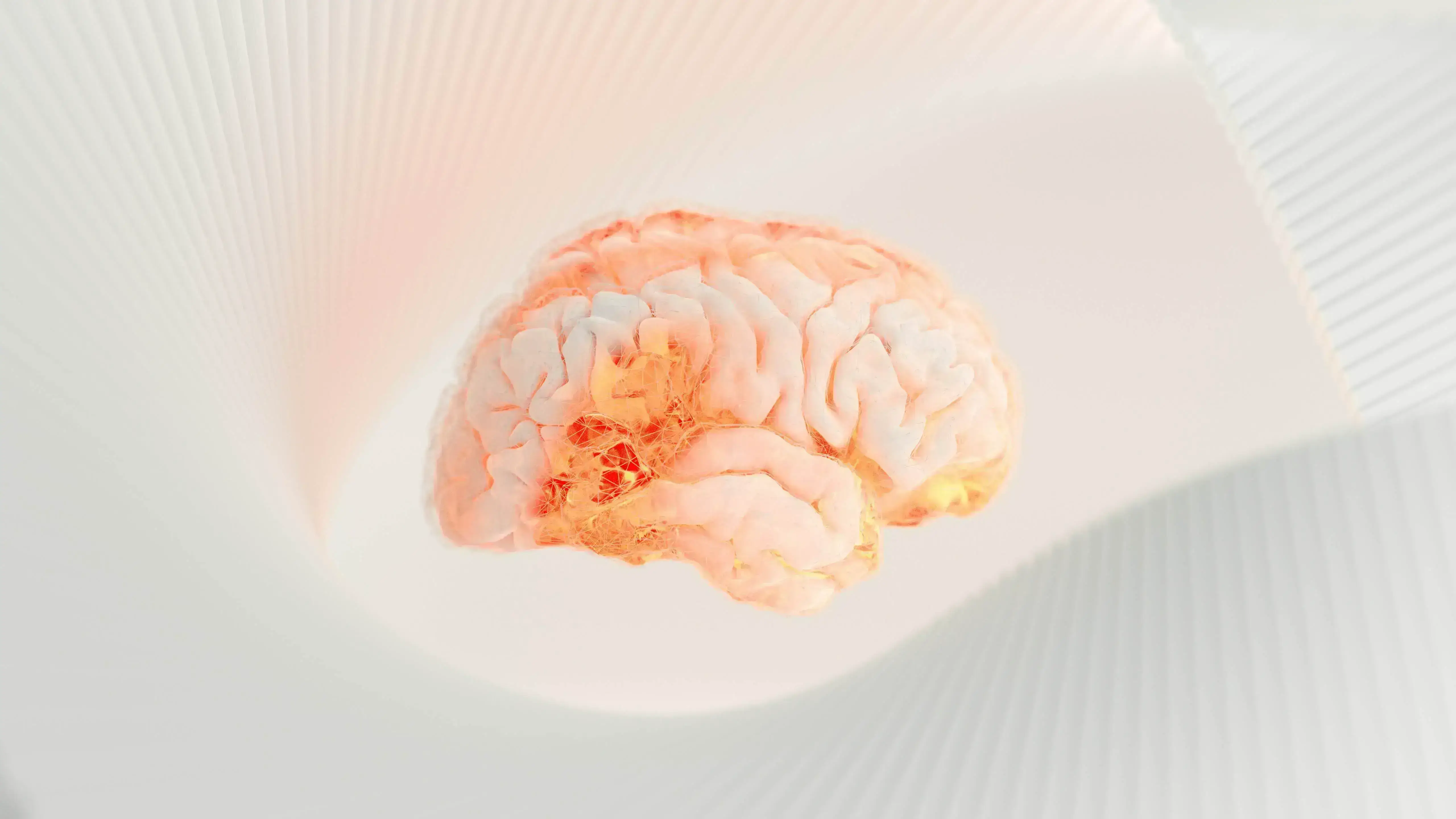 A detailed illustration of a human brain against a light, abstract background with wavy, white elements.