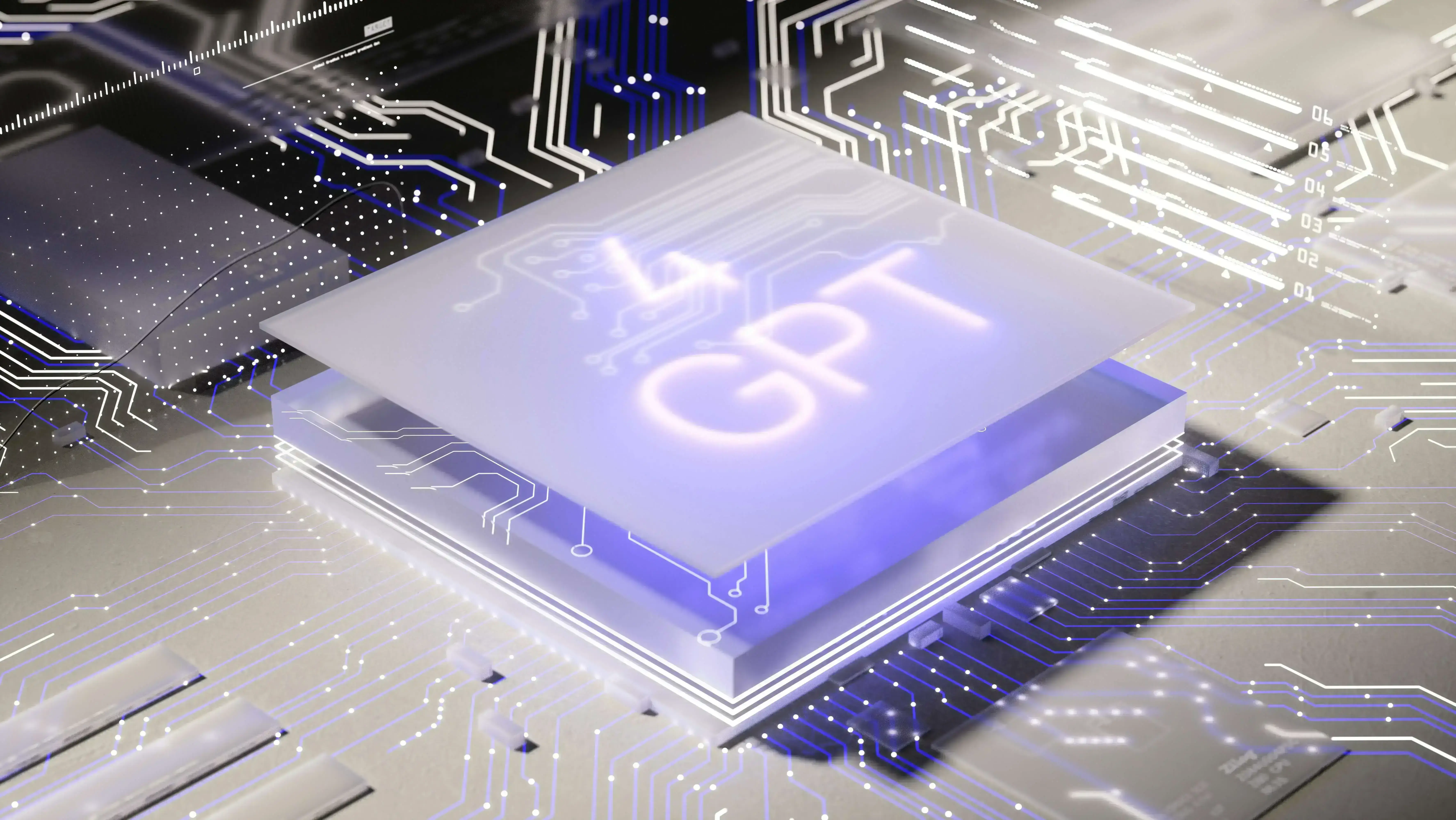 A stylized representation of a computer chip labeled "GPT" is prominently displayed at the center, with intricate circuitry patterns surrounding it.