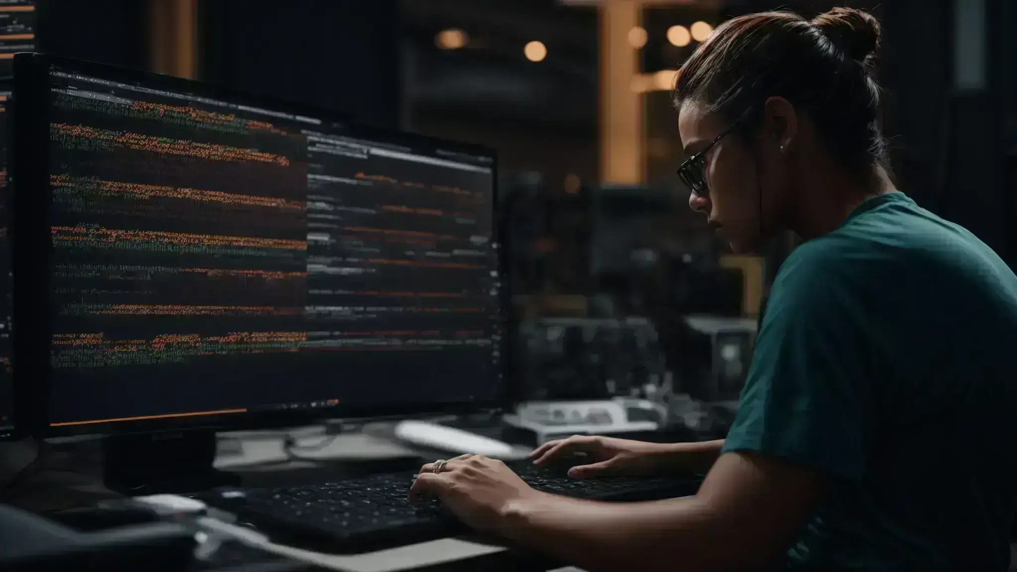 a person seated in front of a computer with a dashboard of google ads on the screen, deeply focused on coding in the editor portion of the interface.