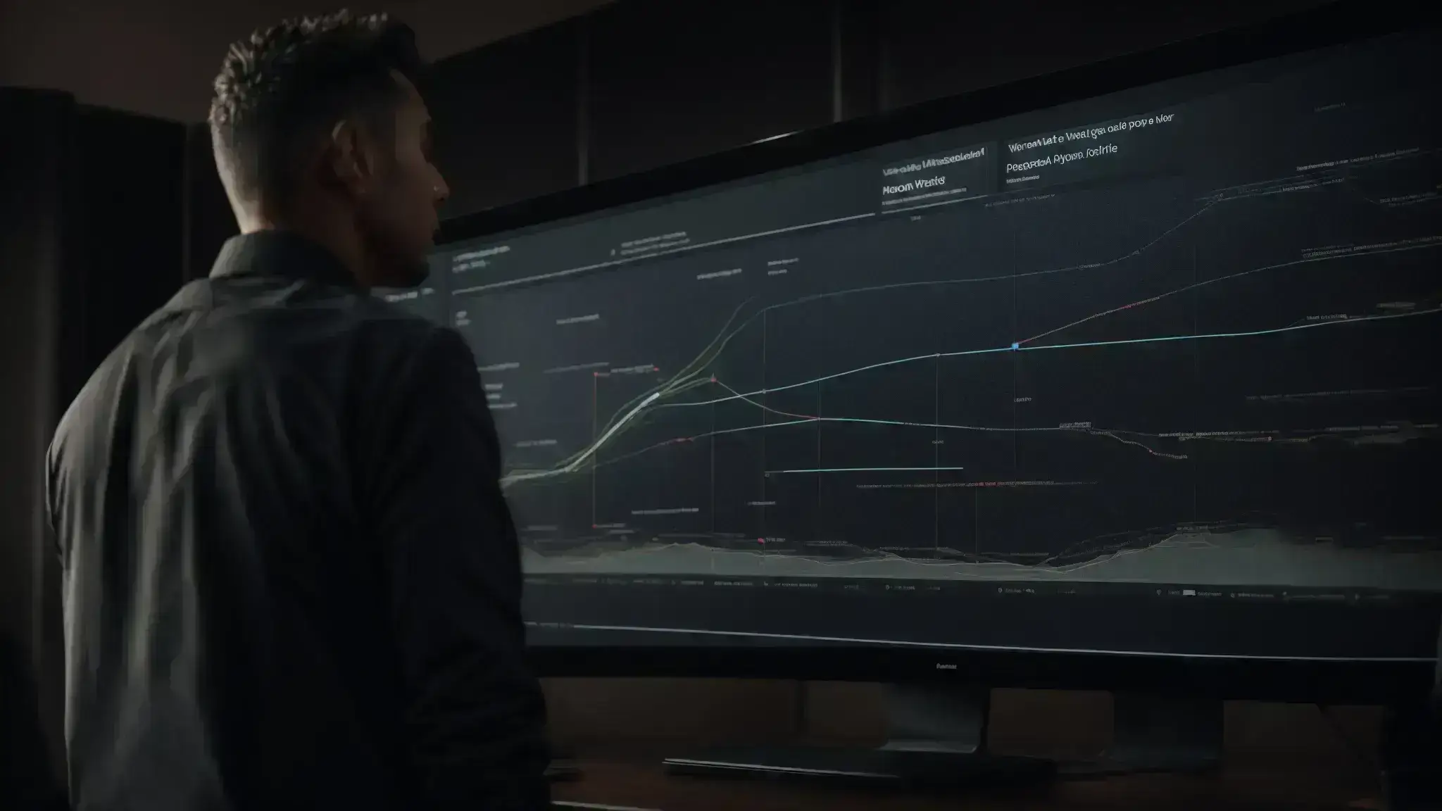a developer standing before a large screen displaying an intricate website interface with expansion arrows suggesting growth and reach.