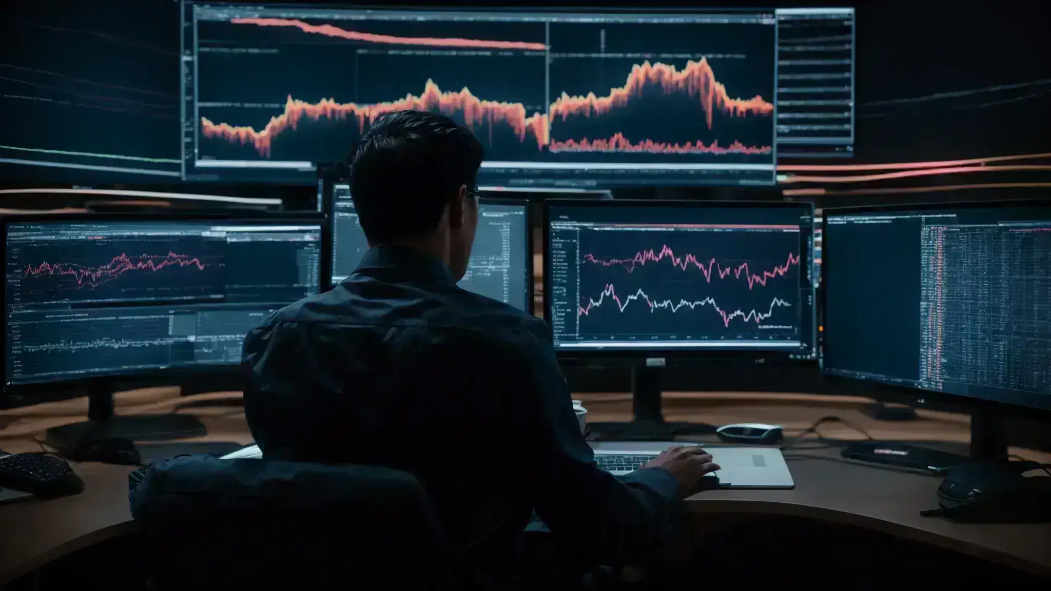 a person sitting before multiple computer screens, intently analyzing data and charts representing website performance metrics.