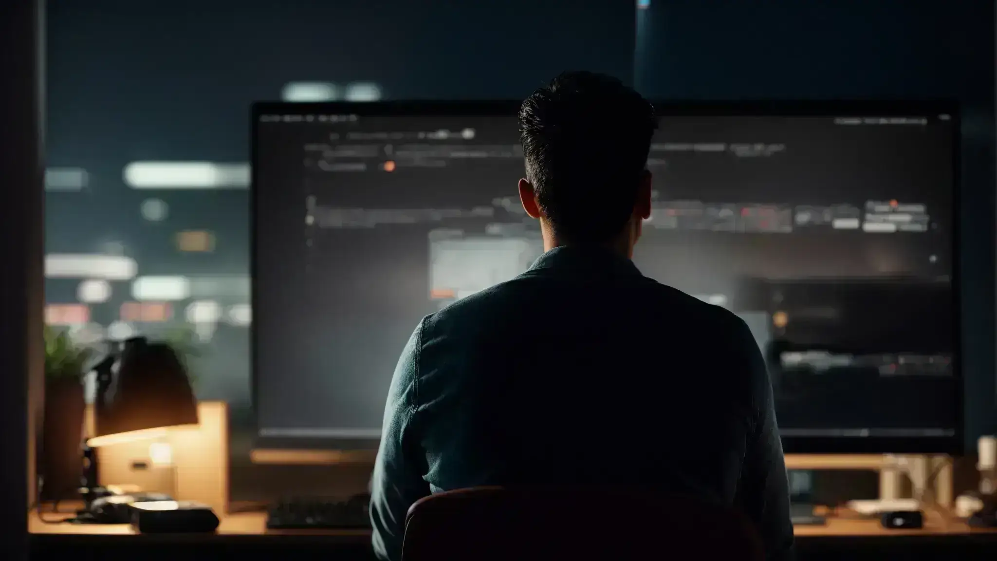 a developer gazes at a computer screen, shoulder-up illuminated by the soft glow, as a website's homepage comes to life.