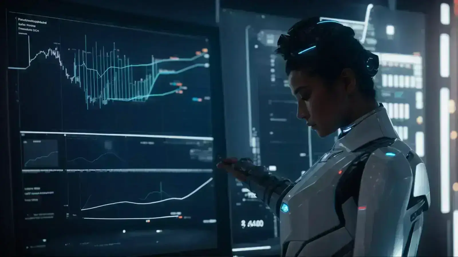 a futuristic robot touching a glowing screen displaying rising graphs and marketing statistics.