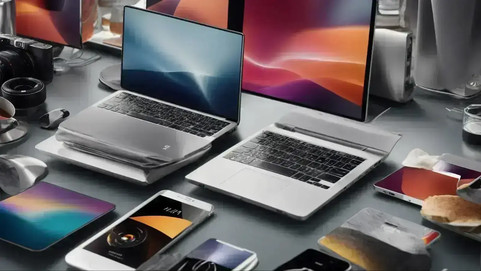 a collage showing various digital devices displaying the same brand's campaign while an abstract representation of ai elements connects them in the background.