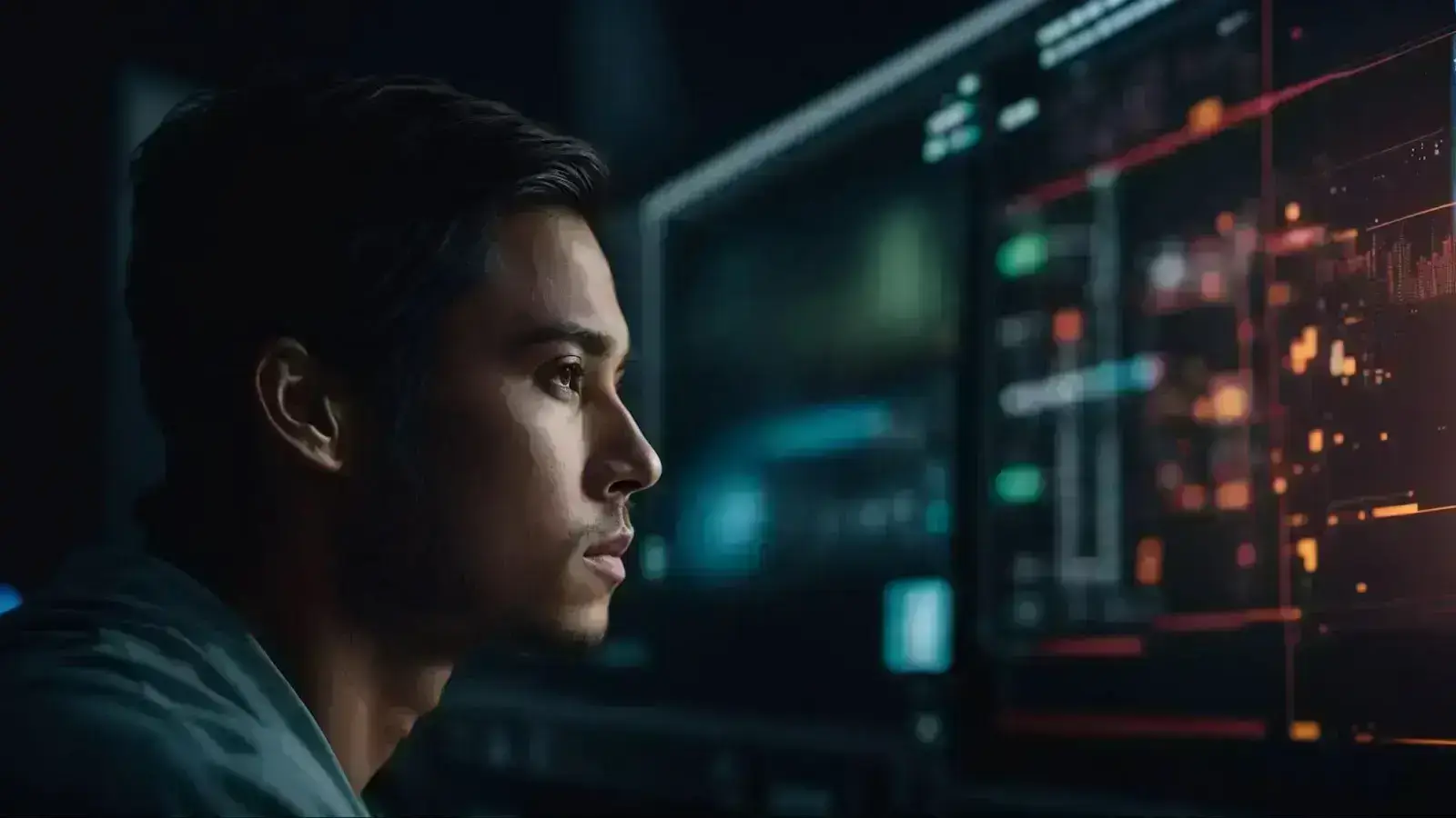 a creative professional gazes intently at a computer screen, where graphics and analytics dashboards come to life, symbolizing ai-driven content innovation.