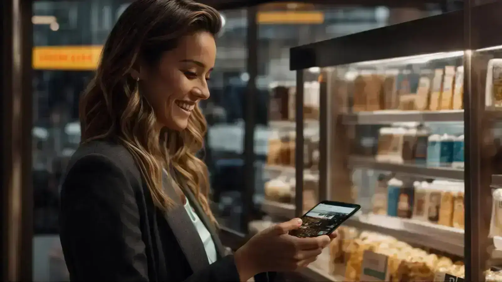a customer smiling at a personalized product recommendation on a sleek, interactive digital storefront.