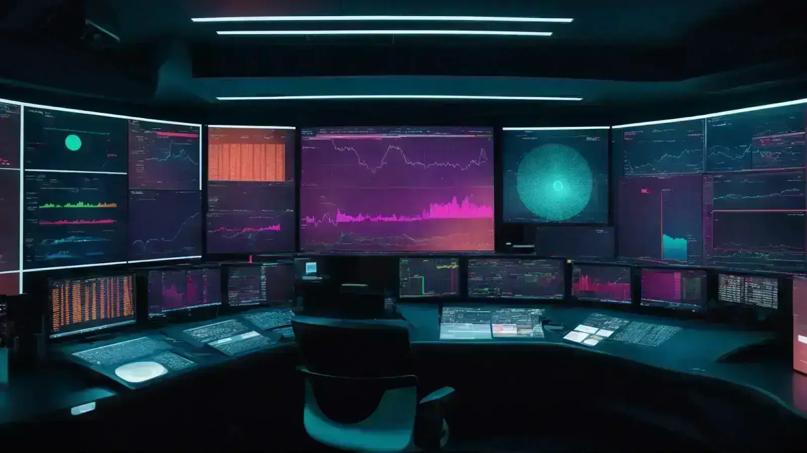 a futuristic control room with large screens displaying colourful data analytics graphs and interactive marketing dashboards.