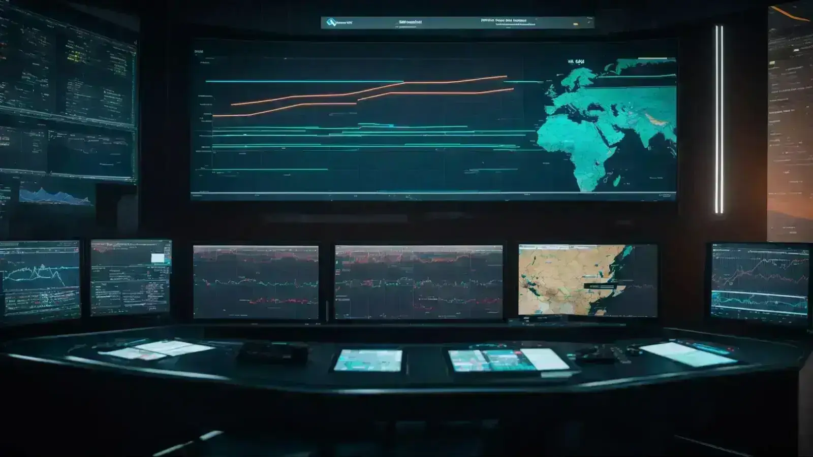 a futuristic control room with screens displaying graphs and analytics, operated by advanced ai systems enhancing marketing strategies.