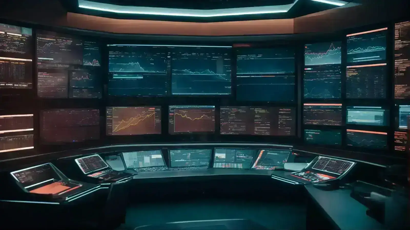 a futuristic control room with screens displaying data analytics and ai-driven marketing dashboards.