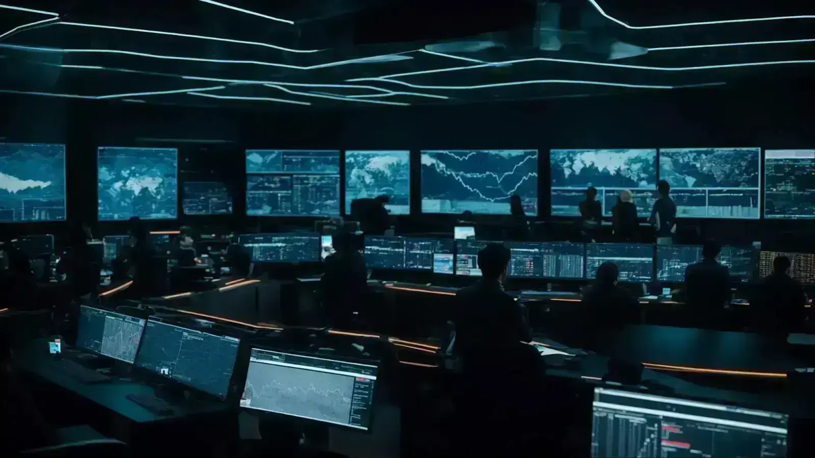 a streamlined, high-tech command center where strategists analyze complex data visualizations on futuristic screens.