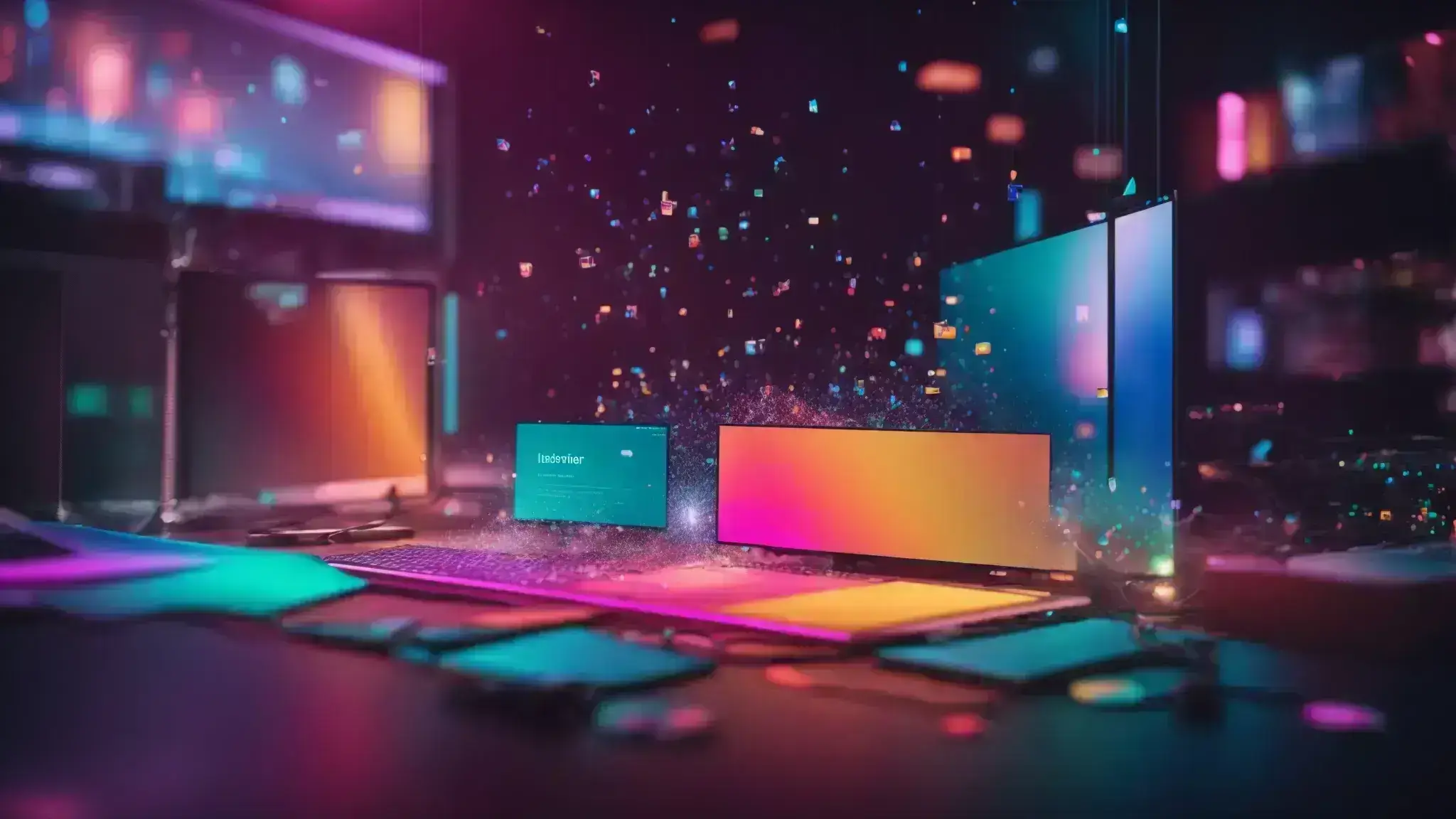 a computer screen displaying a vibrant 3d website with interactive elements floating above the interface.