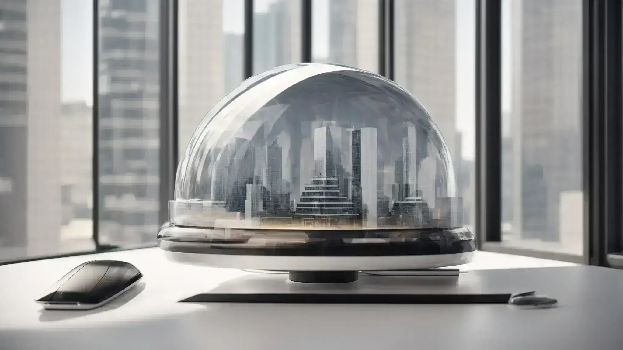 a sleek 3d model of futuristic architecture rotates seamlessly on a computer screen against a minimalist desk set up, symbolizing a harmonious balance between high-fidelity detail and fluid web performance.