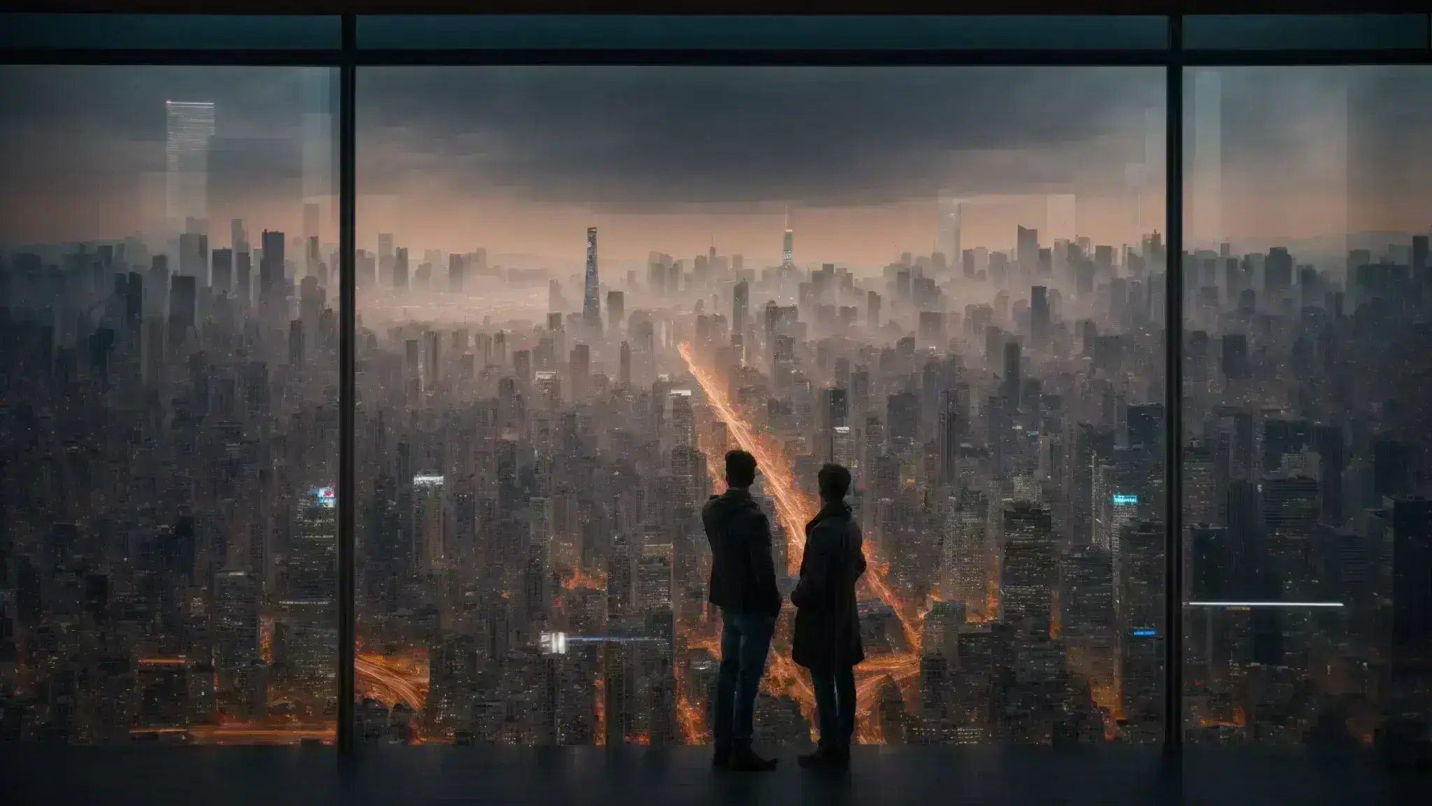 a designer stands before a large screen, displaying a three-dimensional, digital cityscape that reacts to touch.