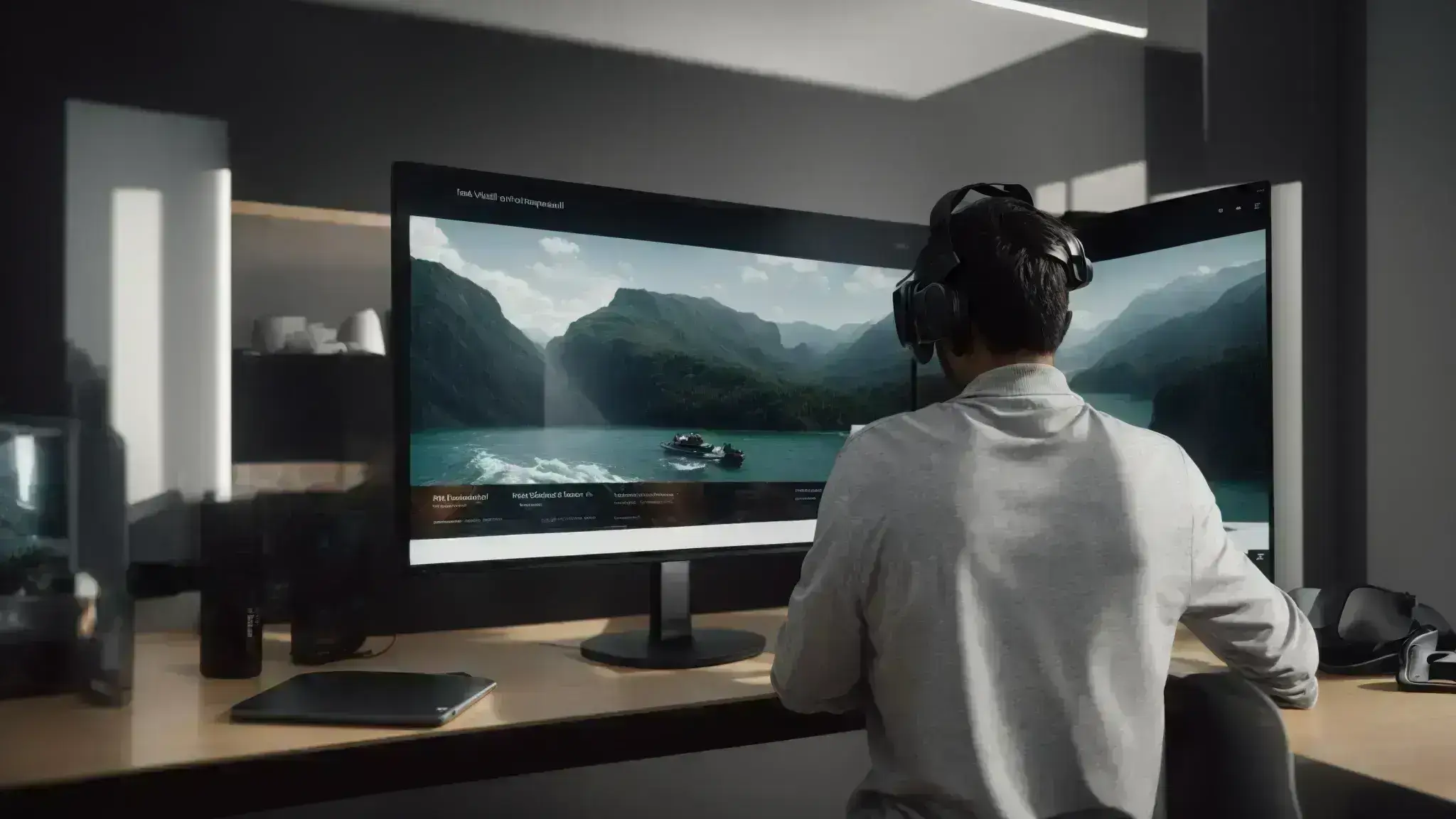 a user is visibly immersed in an interactive 3d website displaying a virtual reality setup.