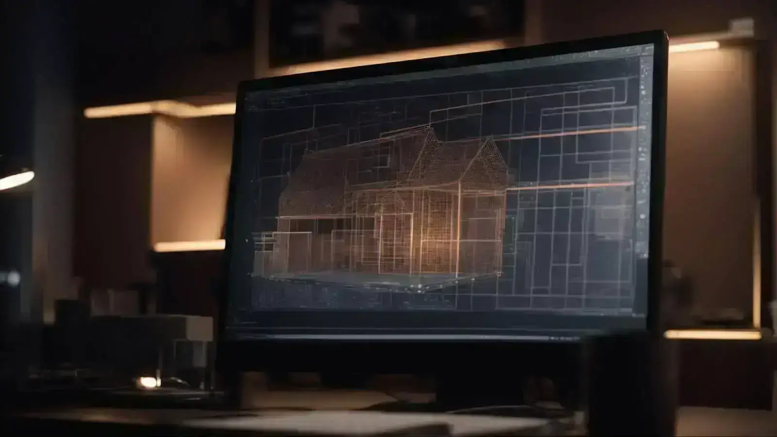 a computer screen displaying a wireframe 3d model with soft lighting illuminates a designer's studio.
