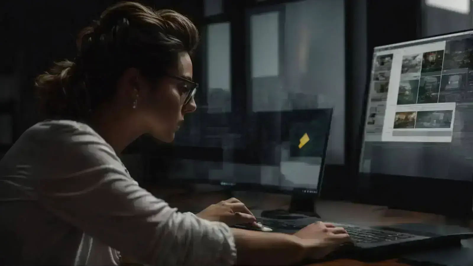 a designer uses a computer with 3d modeling software open to create a modern web interface on the screen.