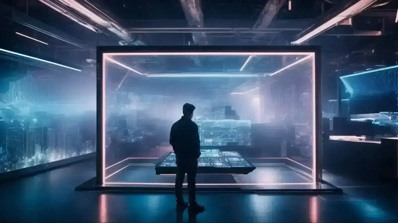 a designer is immersed in a futuristic workspace with a large interactive 3d holographic display projecting web elements.