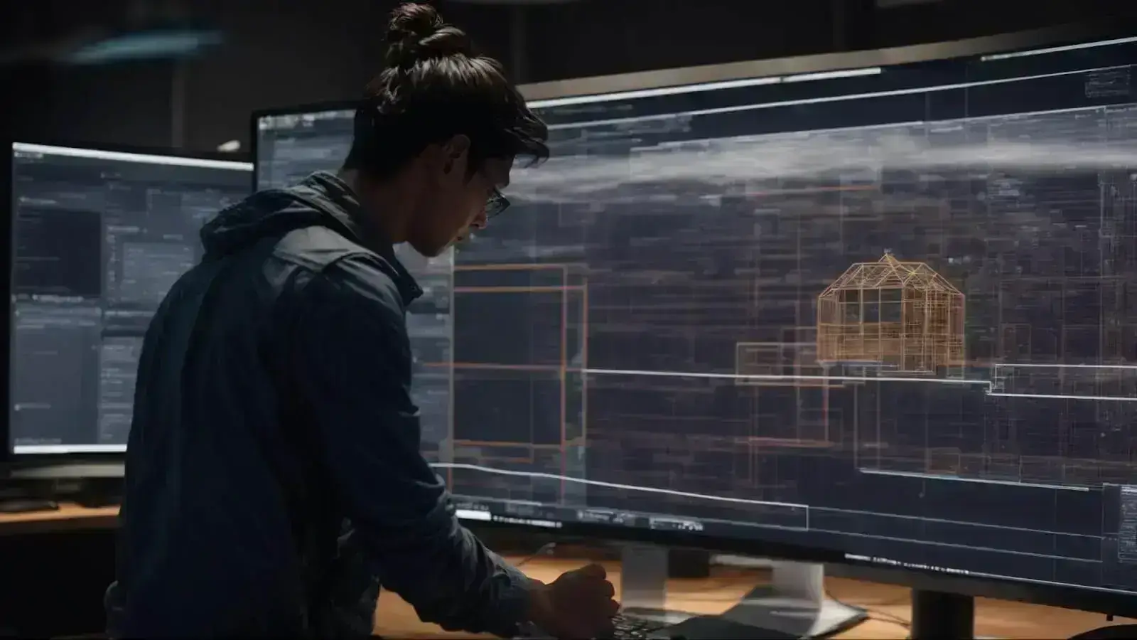 a developer examines the wireframe of a complex 3d model on a computer screen, tweaking settings to enhance its online performance.