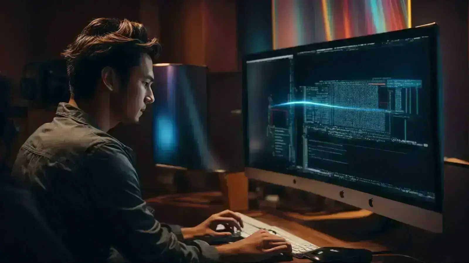a designer sits in front of a computer with a split screen showing code on one side and a vibrant, interactive 3d model on the other.