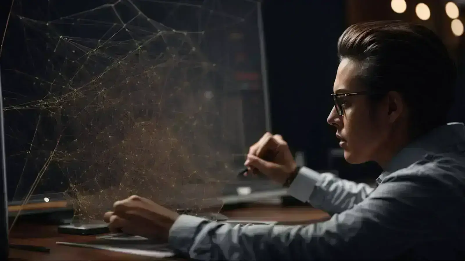 a designer intently observes a complex wireframe model on a desktop monitor, symbolizing 3d web design adaptability across devices.