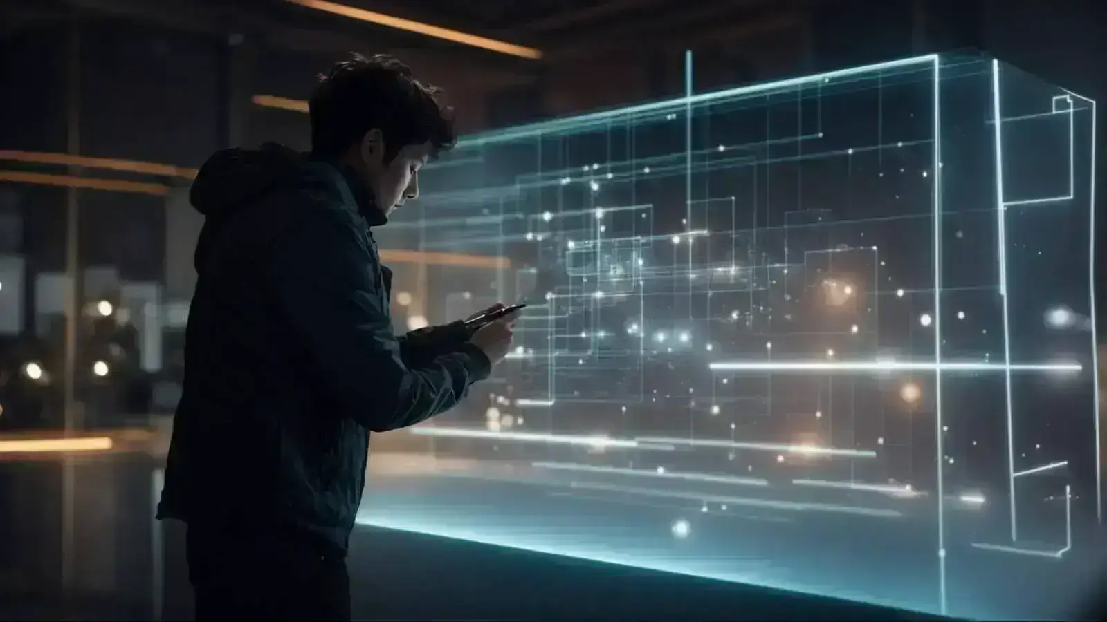a designer creatively orchestrates a seamless 3d web interface on a glowing screen, where dynamic elements emerge, inviting user interaction.