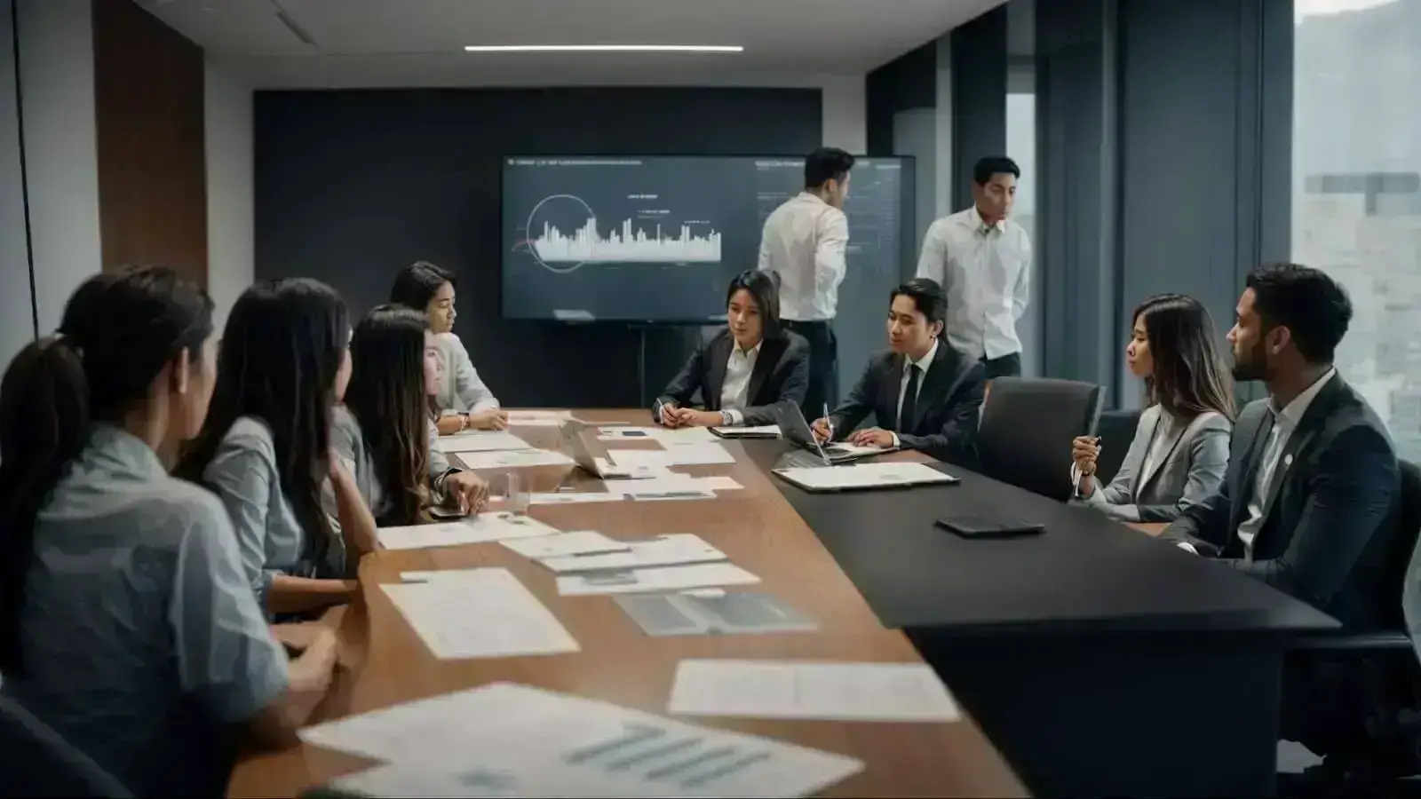 a conference room with individuals engaged in a strategic planning session, examining charts and digital data analytics.