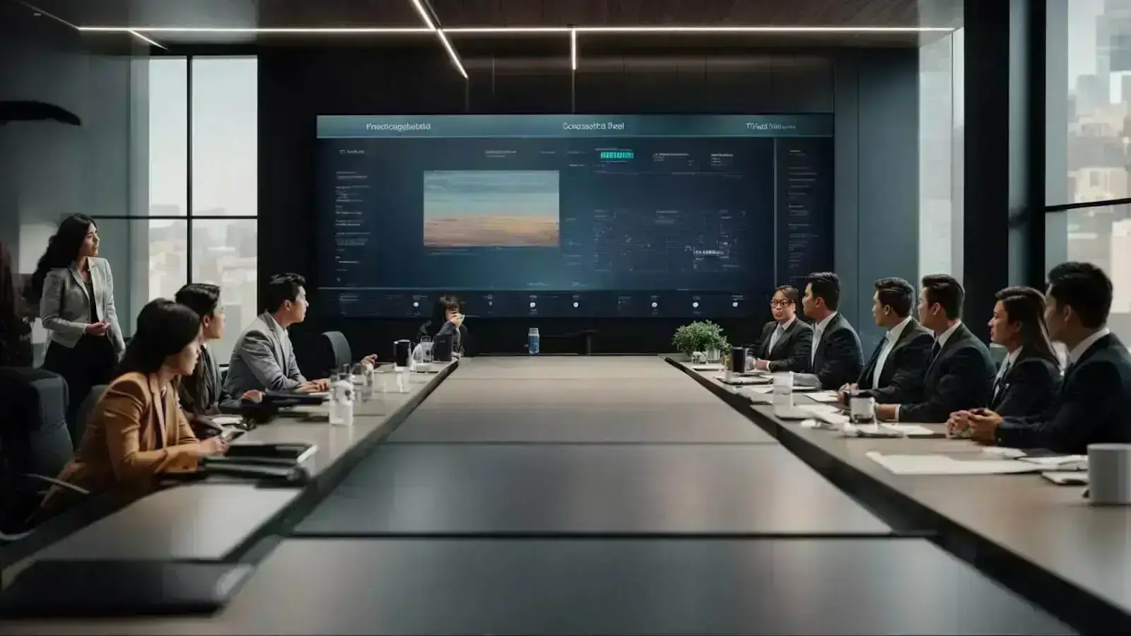 a conference room with marketing professionals discussing strategies over a large digital display.
