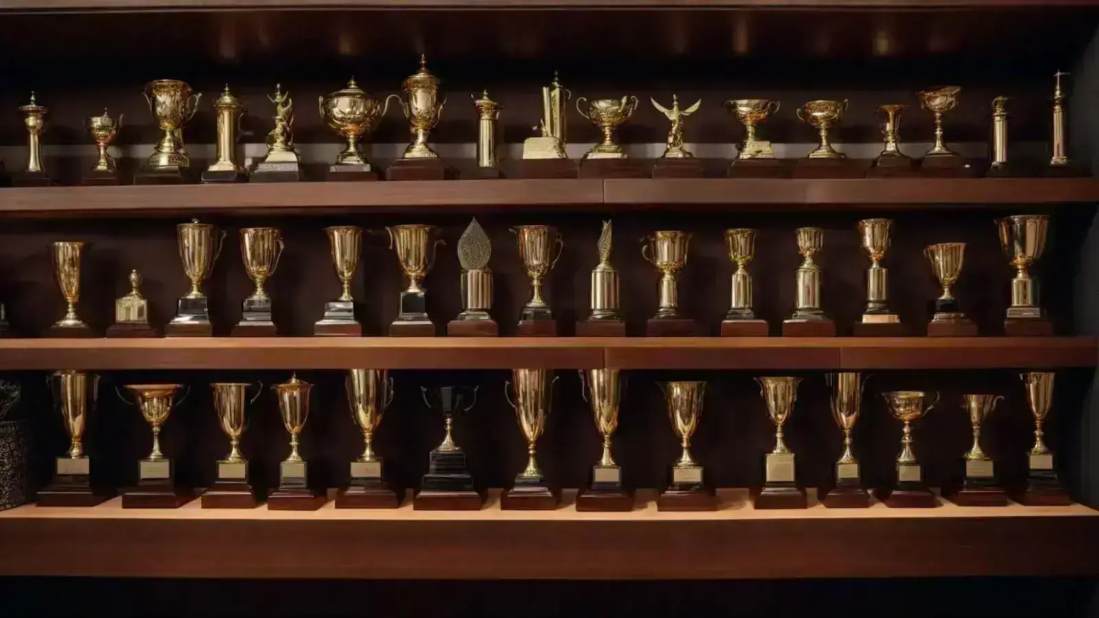 a neat row of award trophies on a clean, modern office shelf, symbolizing recognition for superior performance.