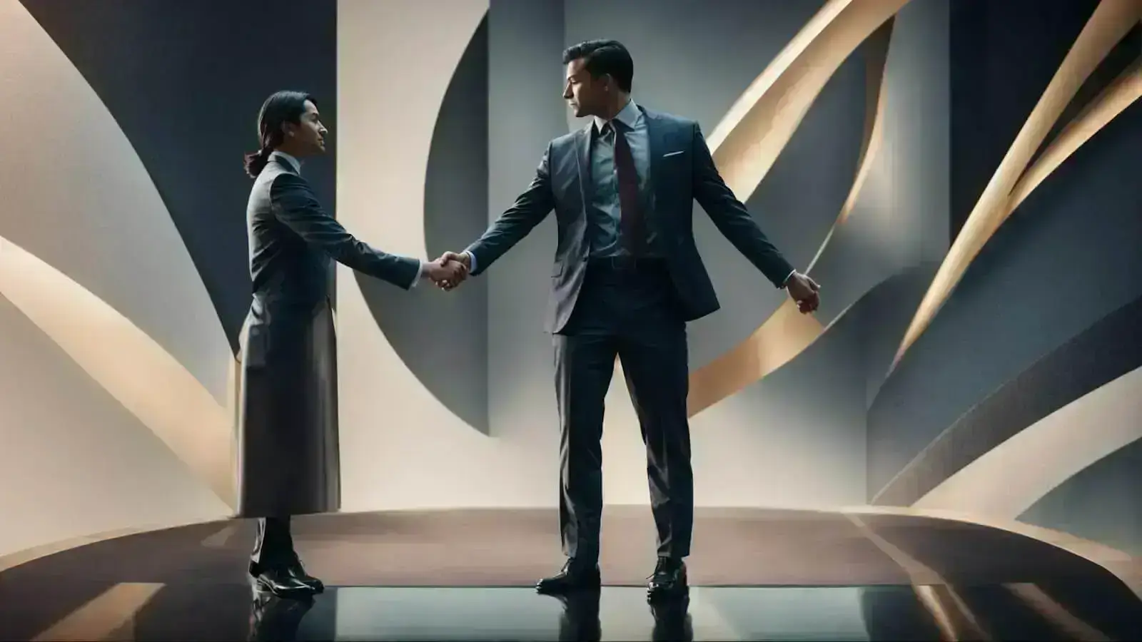 two business professionals shaking hands in front of an abstract background, symbolizing a strong partnership.