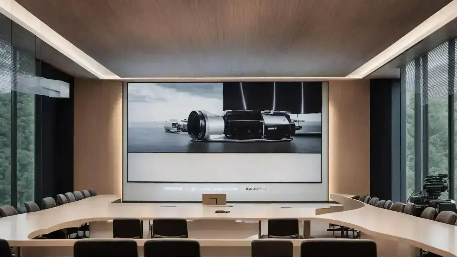 a conference room with a dynamic, illuminated digital presentation on a large screen showcasing marketing strategies.