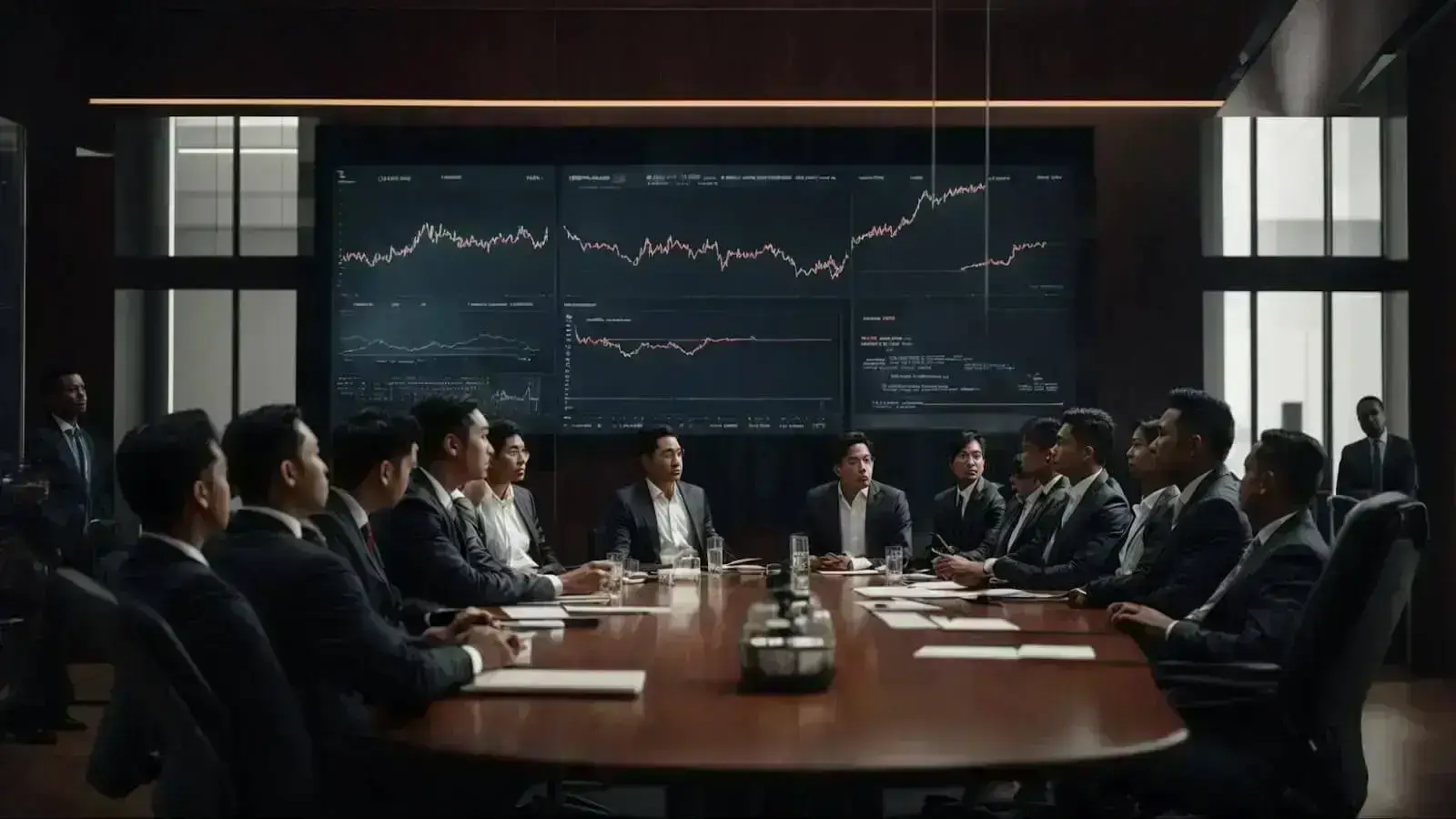 a boardroom with a large screen displaying rising graphs, surrounded by professionals intently discussing strategies.