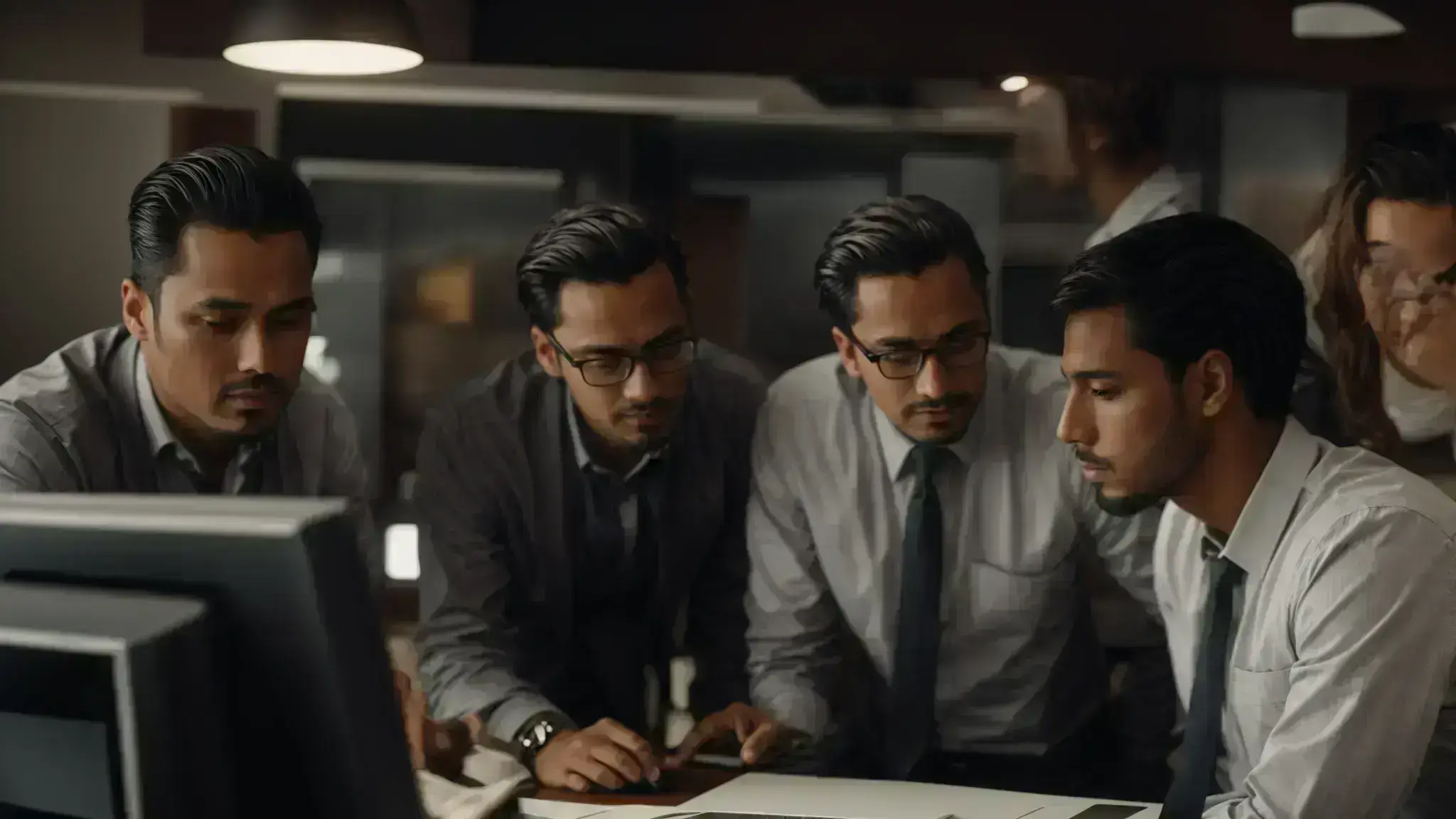 a team discusses plans around a computer, symbolizing strategic digital collaboration.