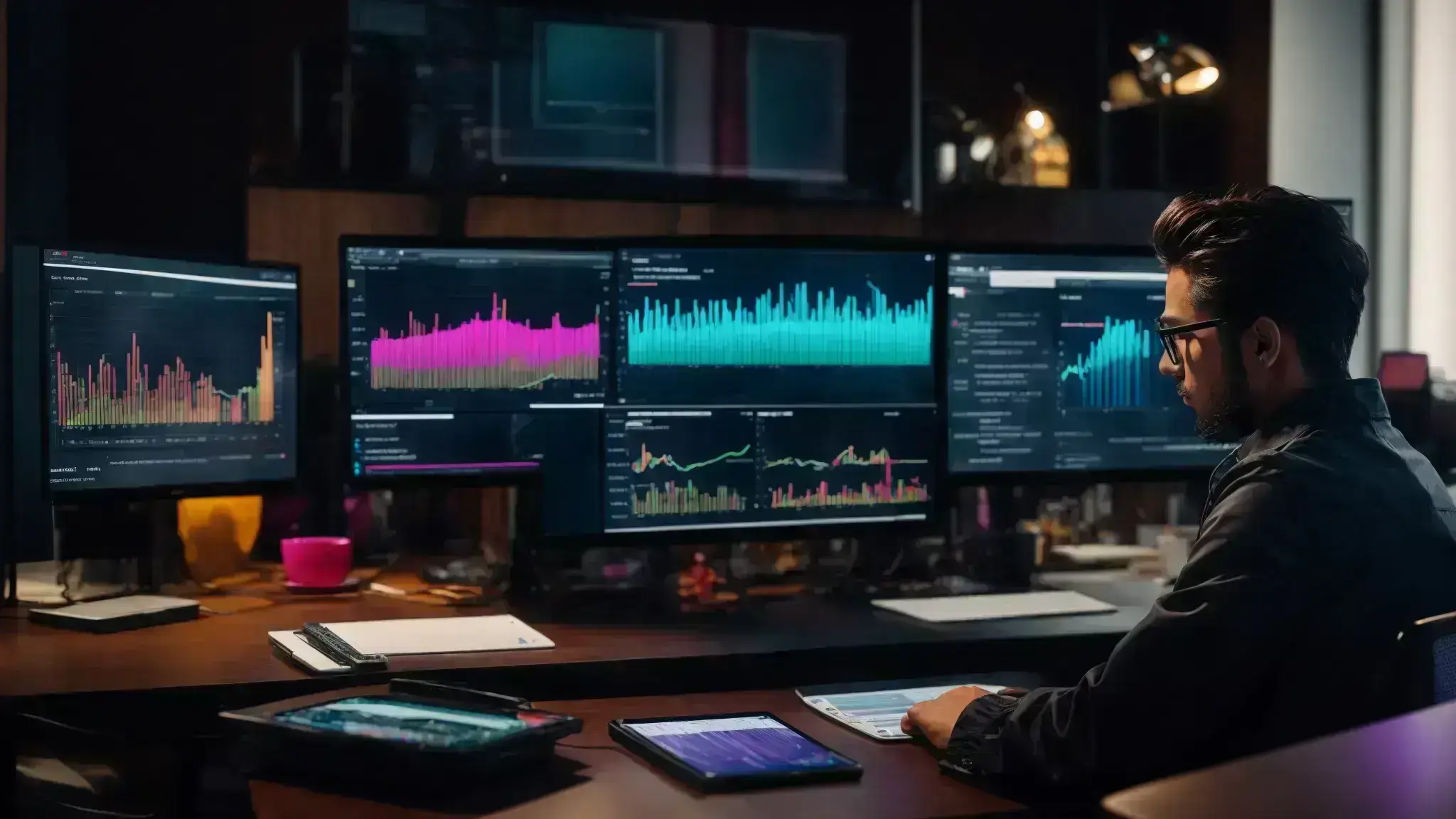 a person sitting at a desk with multiple screens displaying colorful graphs and social media analytics.