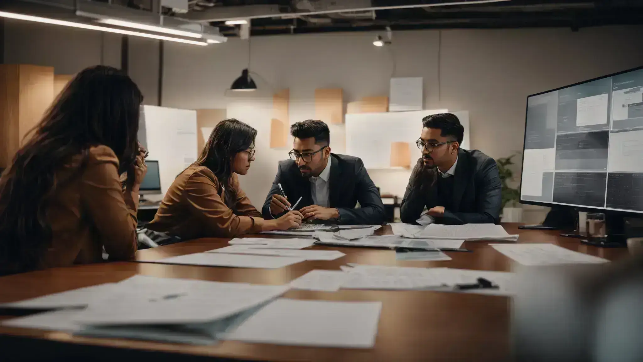 a digital marketing team strategizes in a modern office, with visible flowcharts and creative brainstorming sessions reflecting the blend of organic and paid tactics.