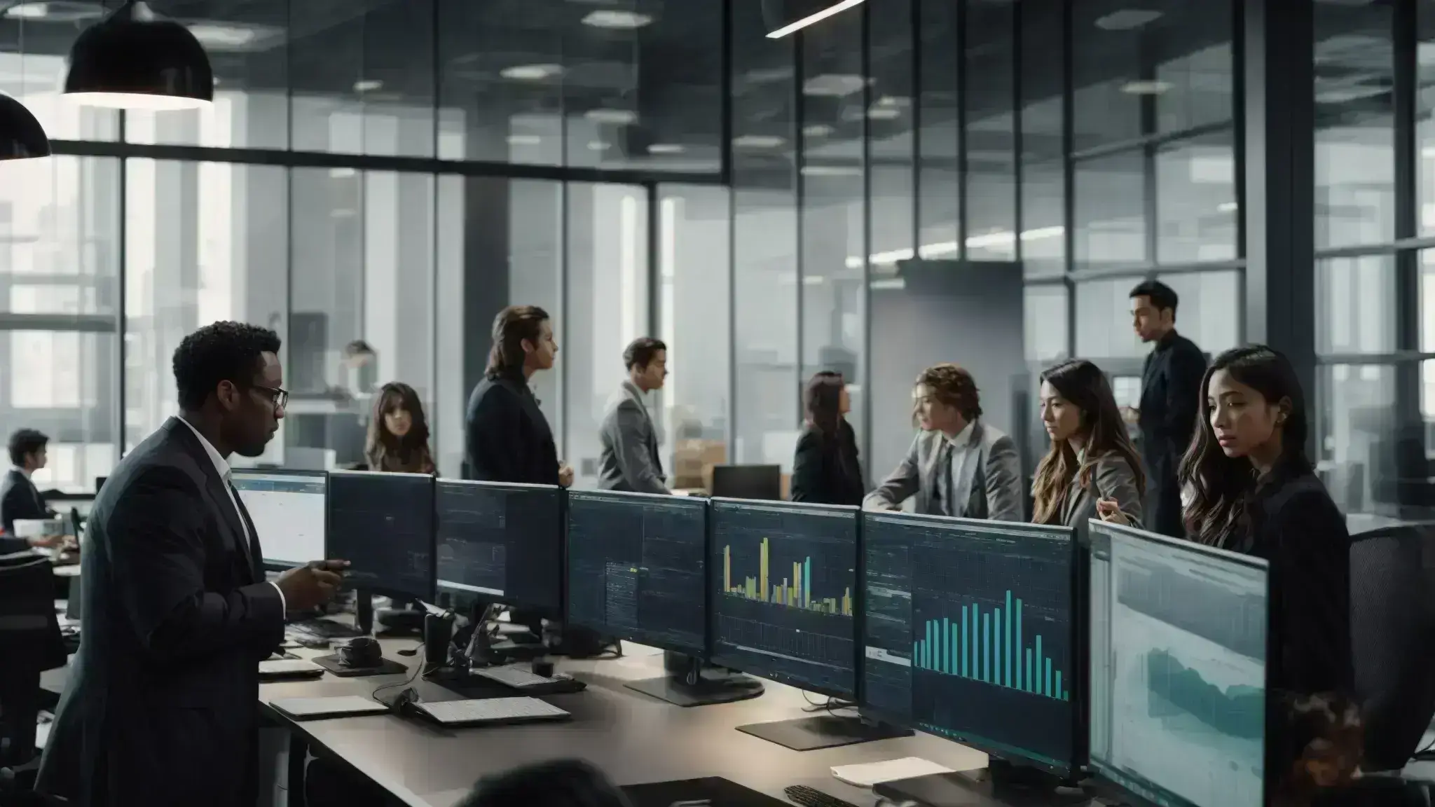 a diverse group of professionals intently analyzing data and trends on large computer screens in a modern office setting.