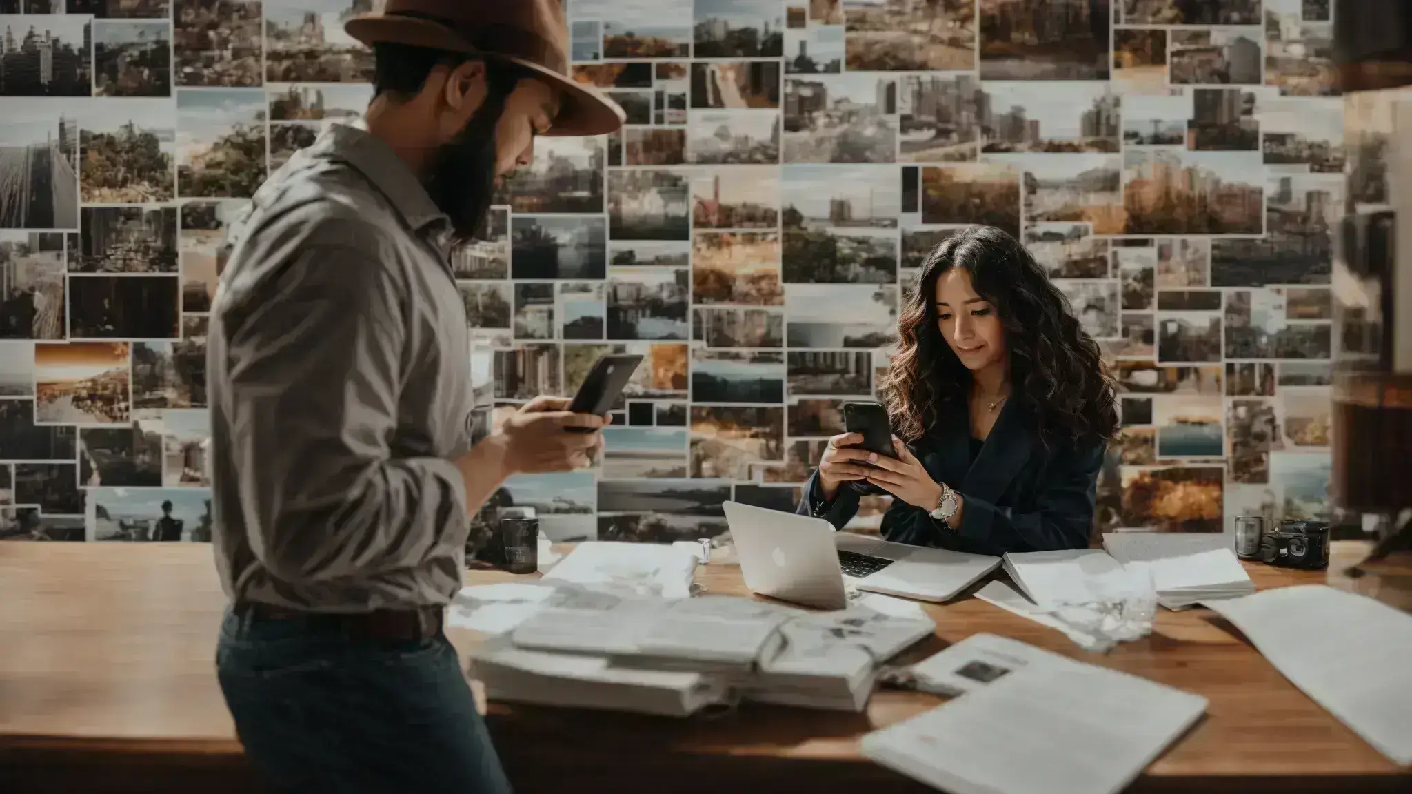 a marketer strategizes over a lively social media feed, highlighting popular user-generated posts and planning the next engaging content.