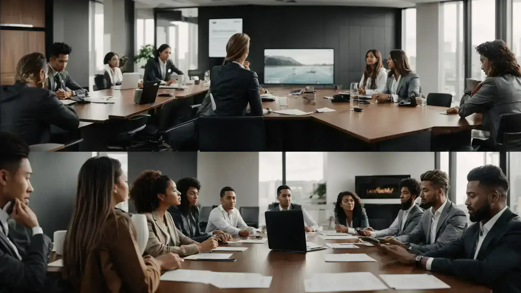 a marketing team essentially strategizes around a conference table, integrating organic content and paid advertisements into a unified brand campaign.