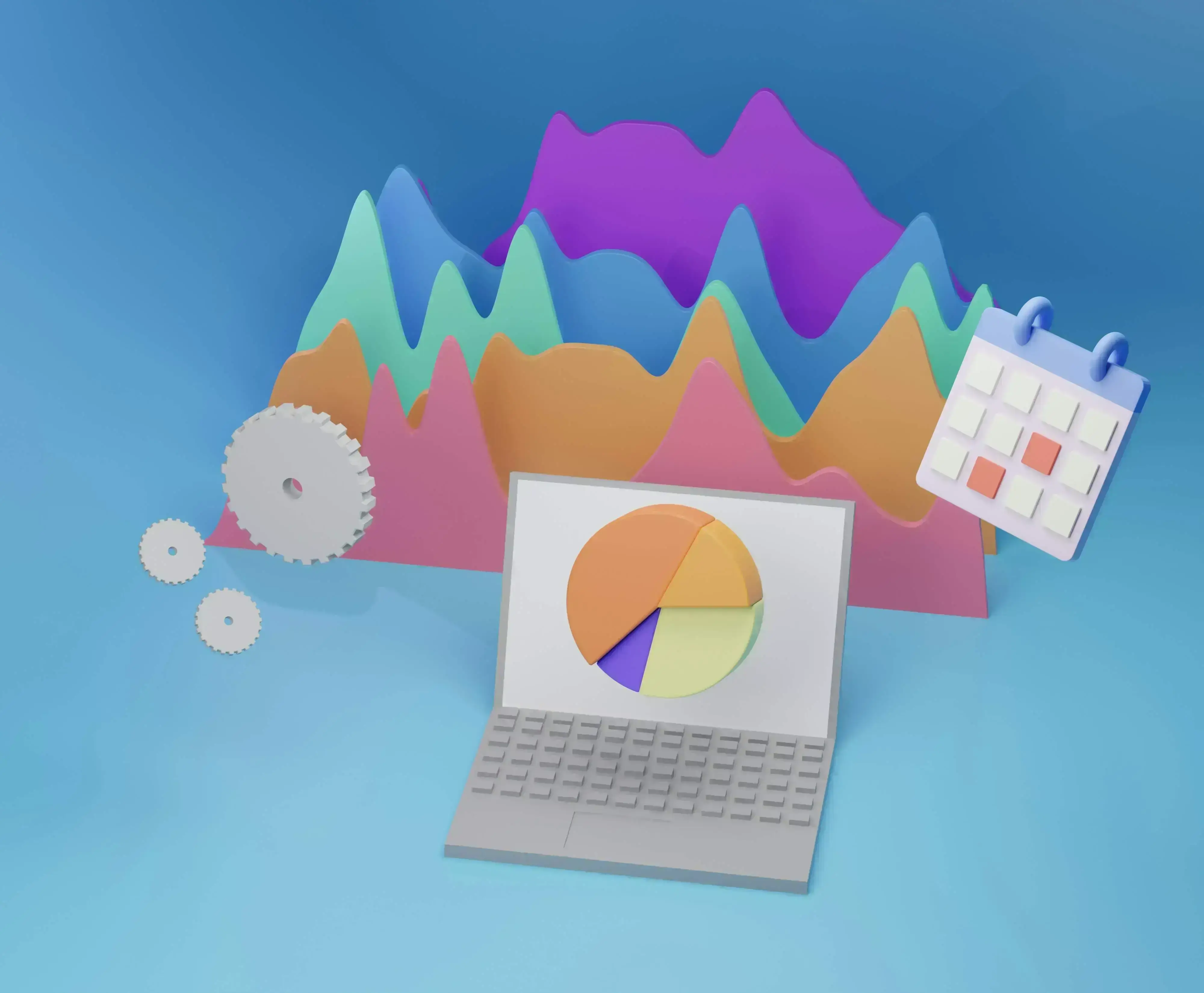 A colorful 3D-rendered image shows a laptop with a pie chart on the screen, three gears, a calendar with a circled date, and a vibrant, multicolored data visualization in the background.