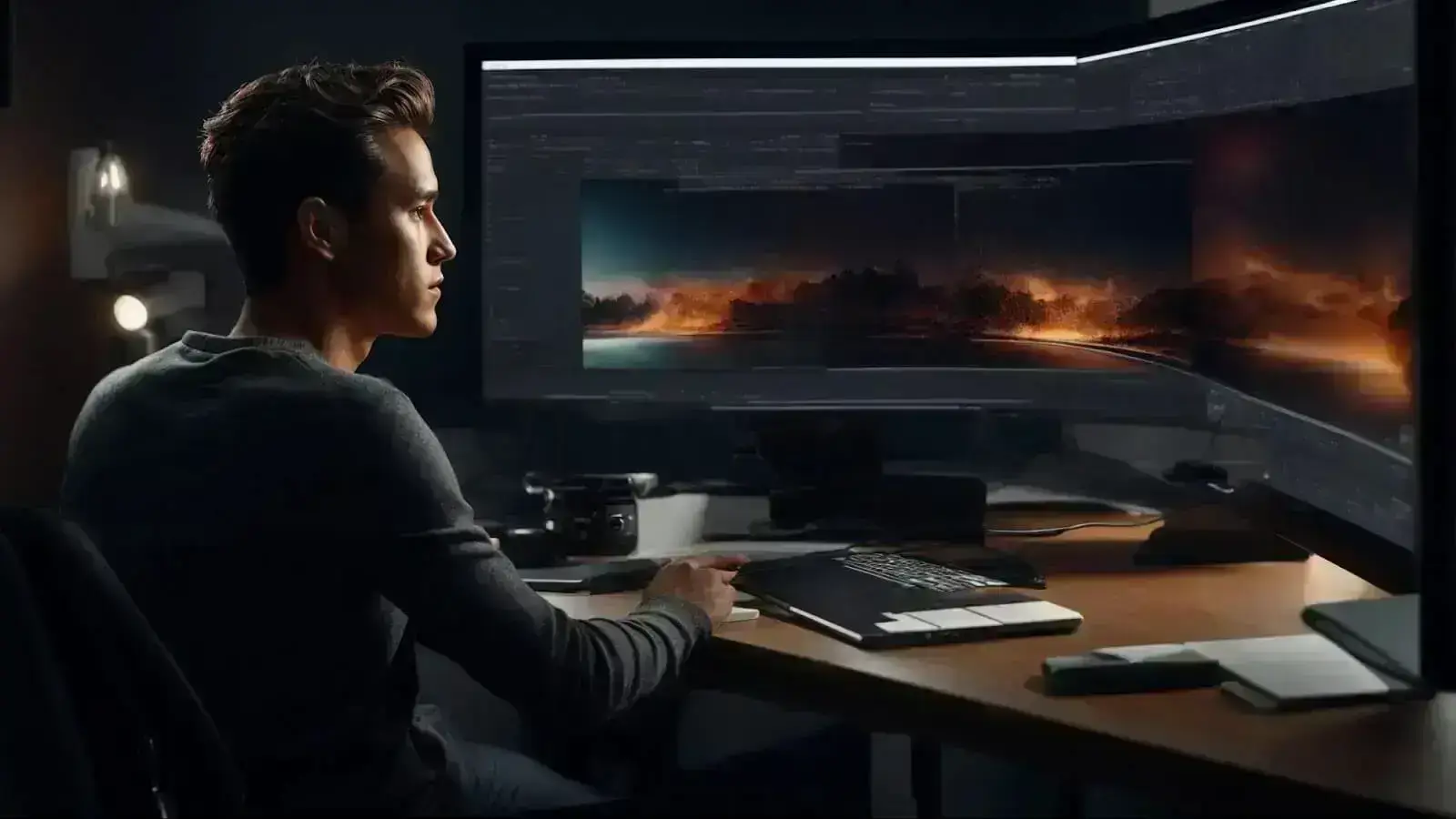 a designer focuses intensely on a sleek, high-resolution monitor, where a vivid and sophisticated website leaps off the screen through advanced 3d graphics.