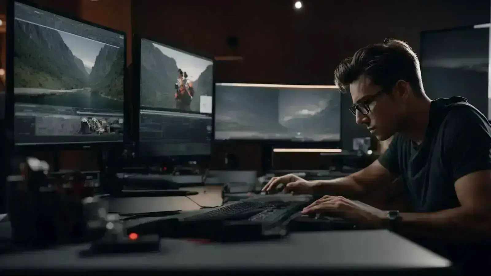 a designer sits before dual monitors, intensely focused as they manipulate a complex 3d model on screen.
