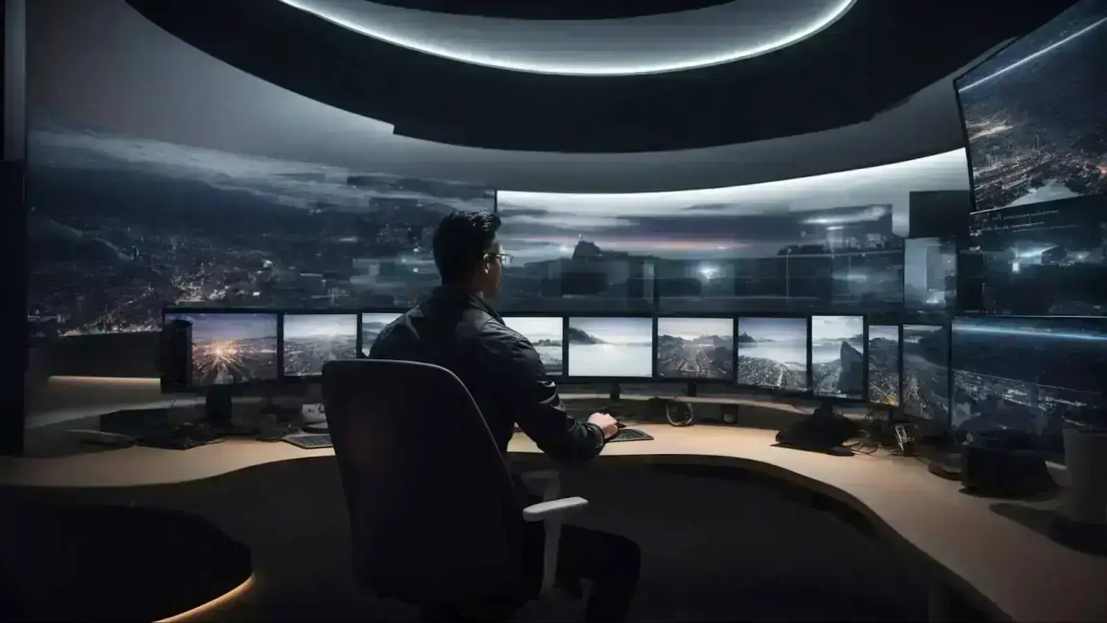 a designer immersed in a high-tech workspace with multiple 3d renderings displayed on a futuristic, curved monitor setup.